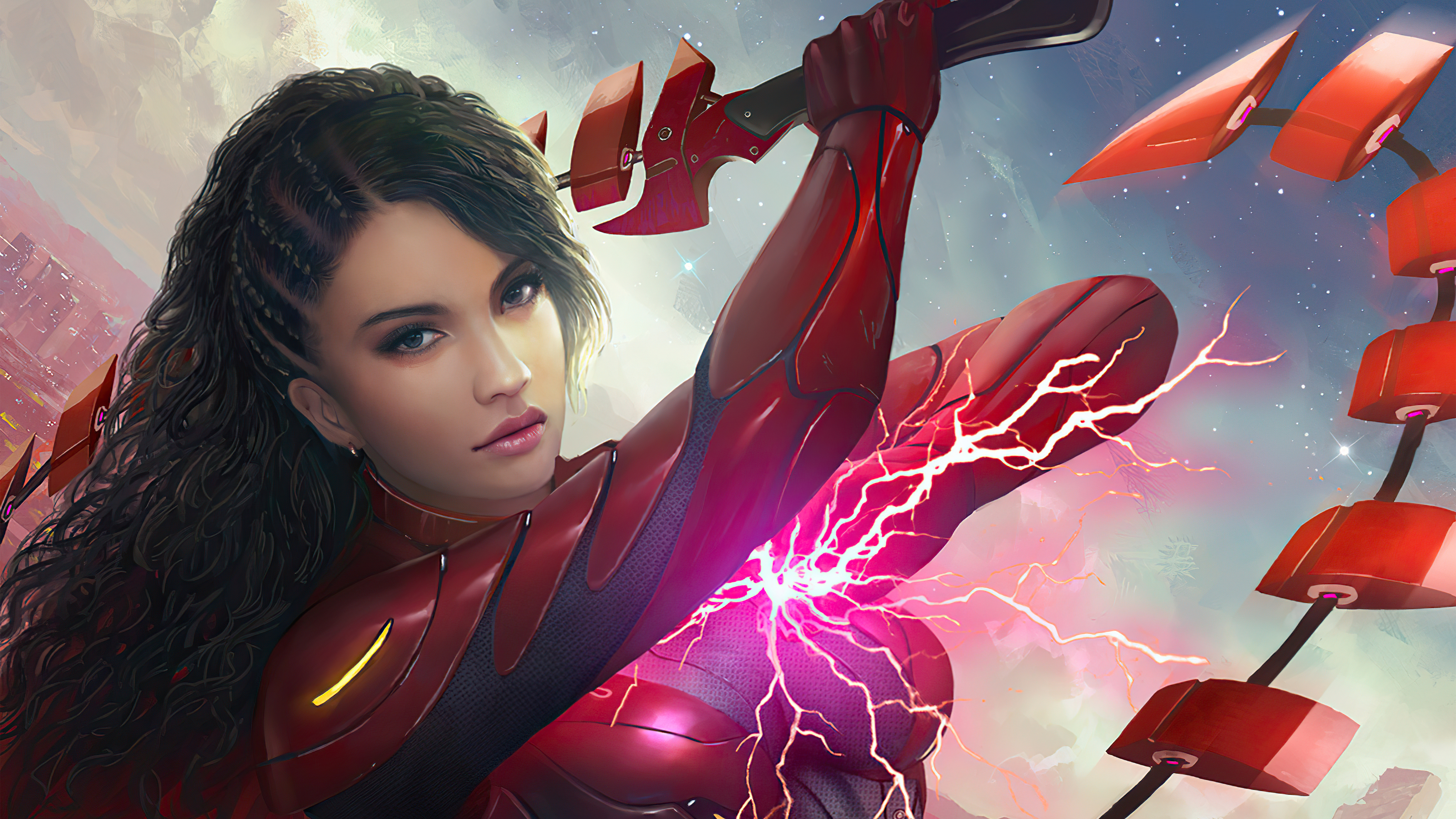 Warrior with red armor and energy weapon HD Wallpaper