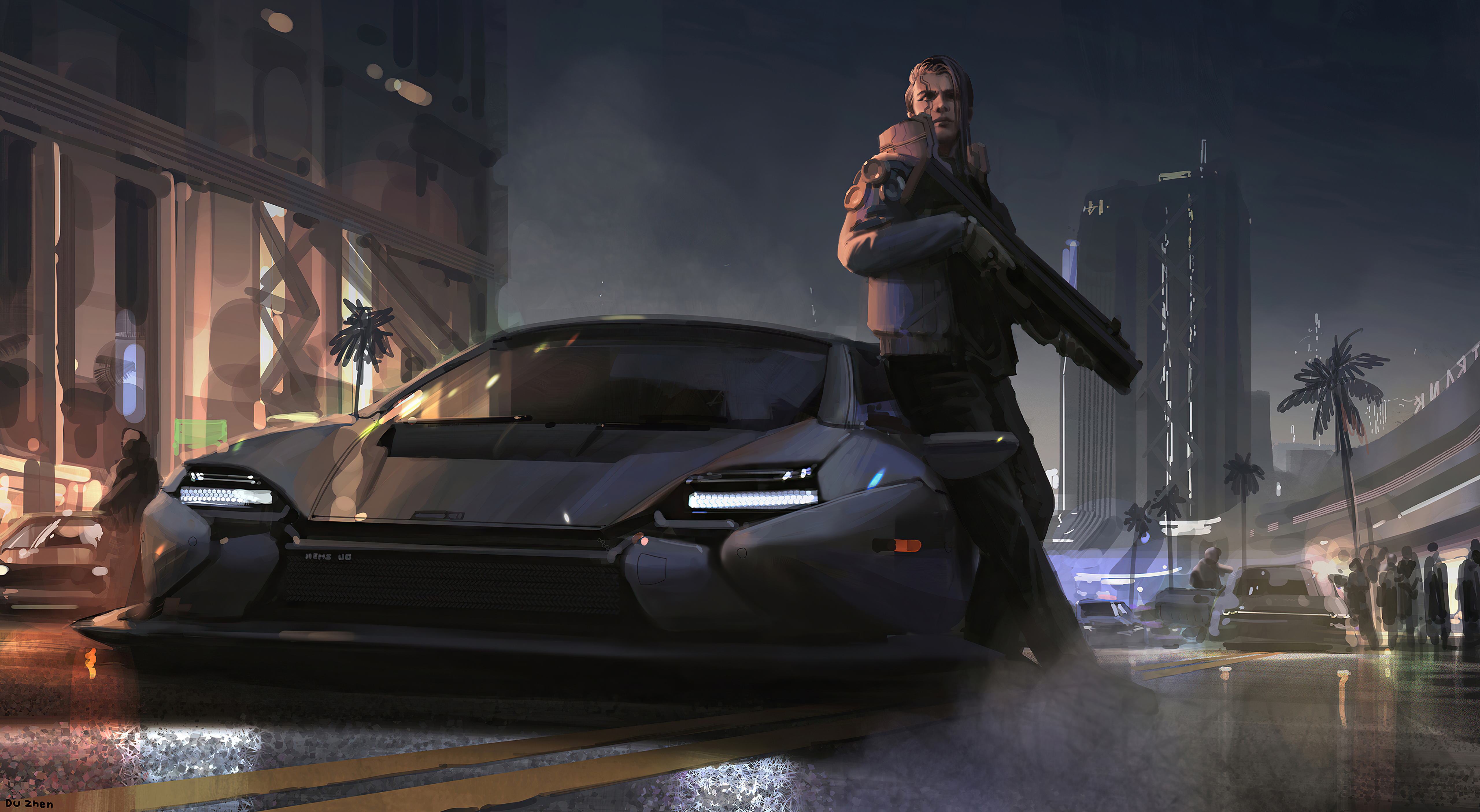 Man with gun next to futuristic car in city HD Wallpaper