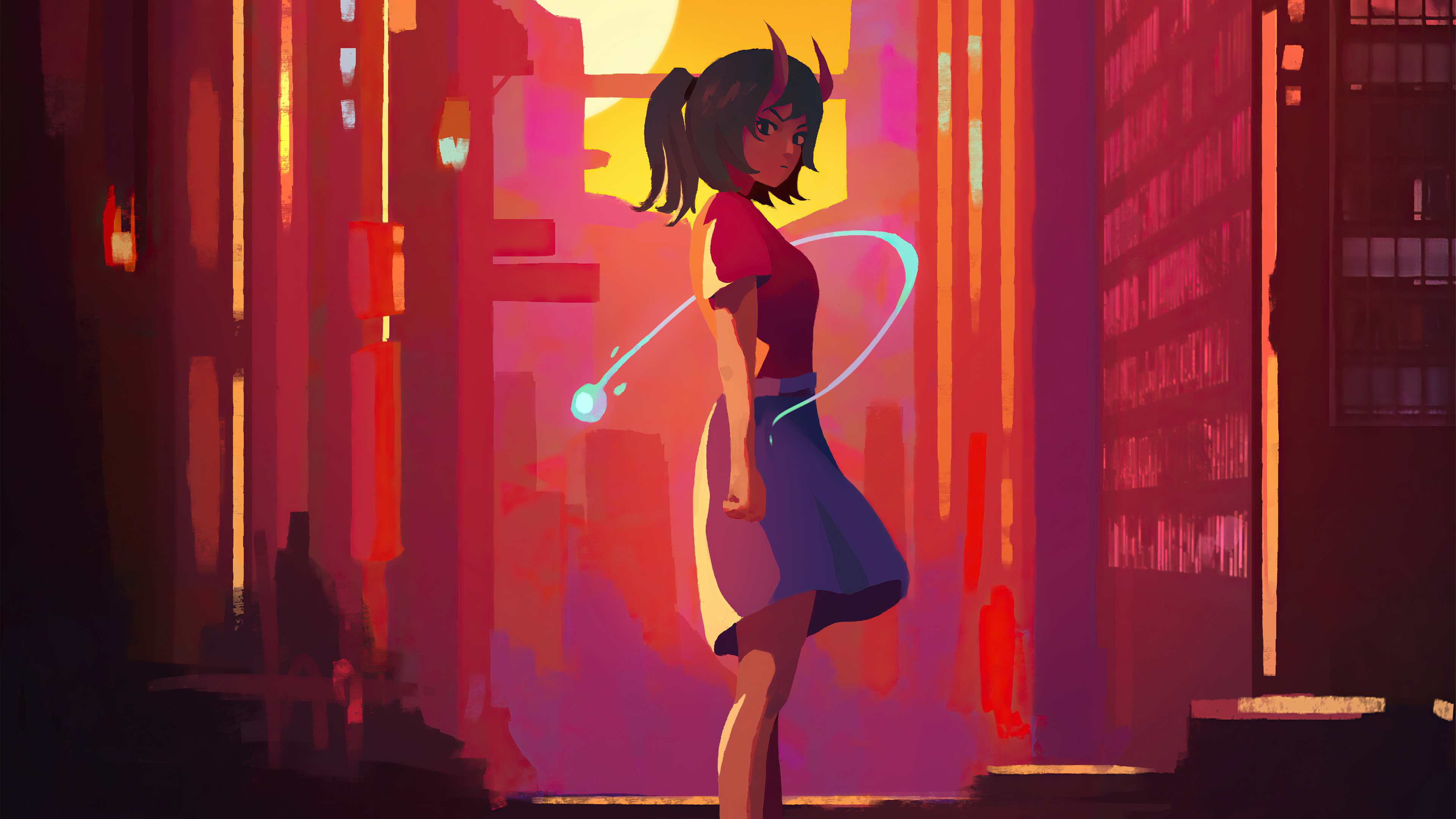 Anime girl with horns in a city at sunset HD Wallpaper