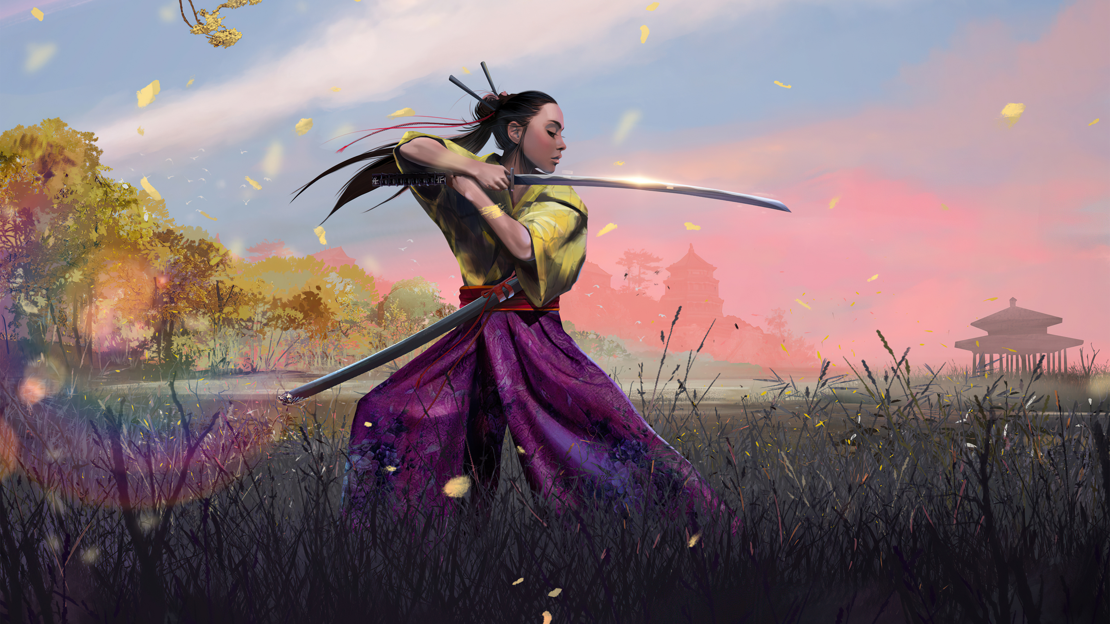 Samurai woman with swords in a field HD Wallpaper