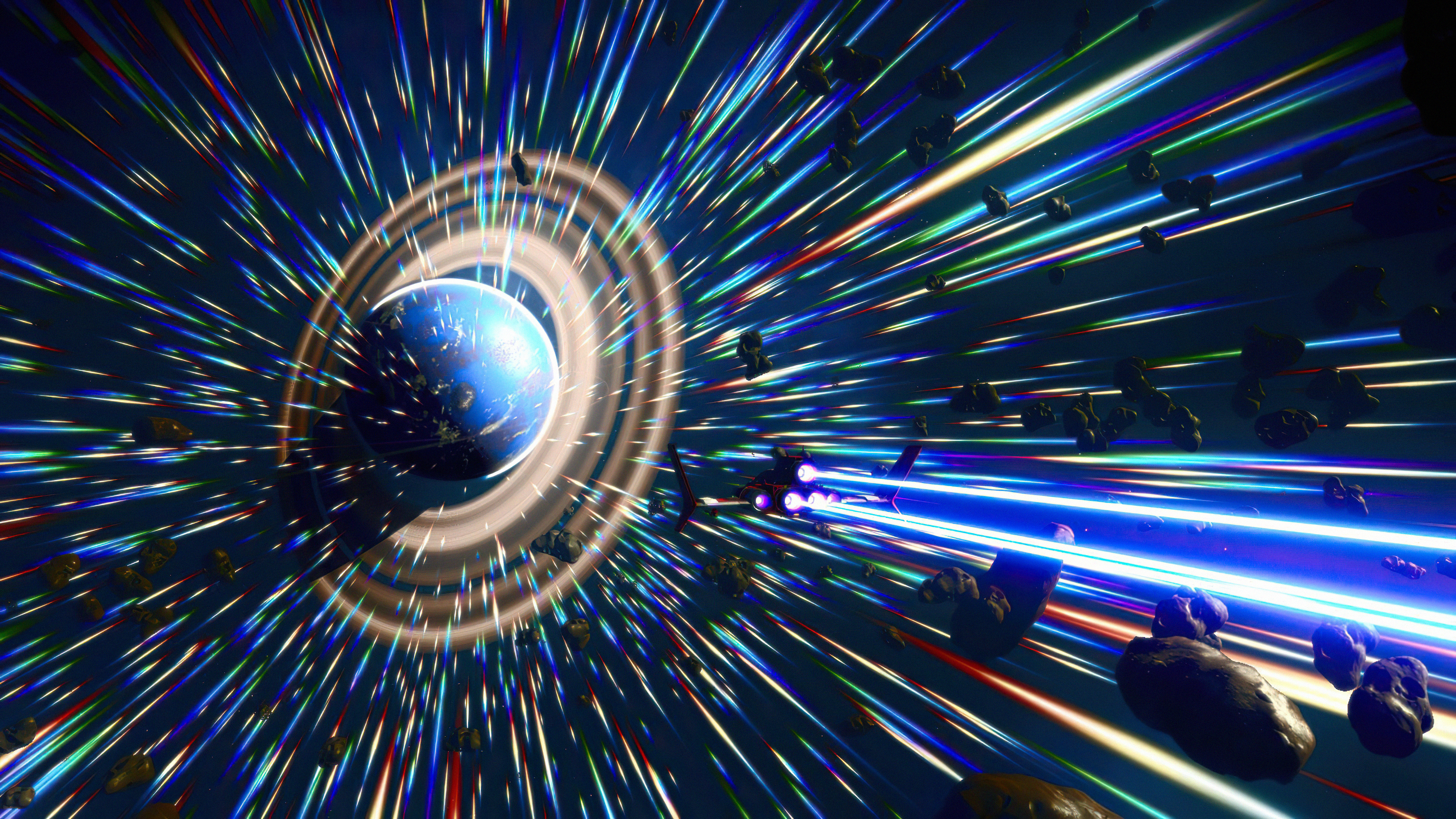 Planet with rings and spaceship in space 4K HD Wallpaper