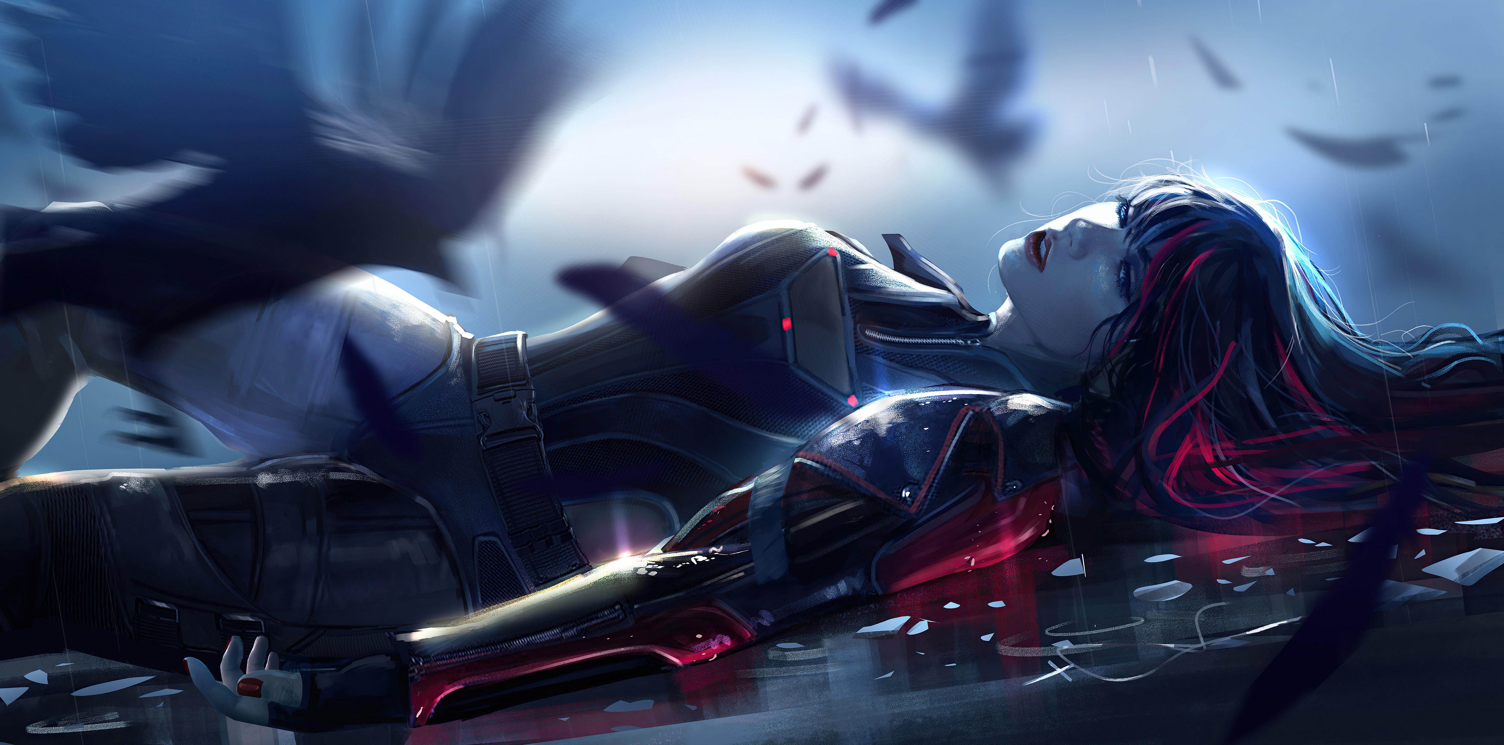 Woman in futuristic armor with crows HD Wallpaper