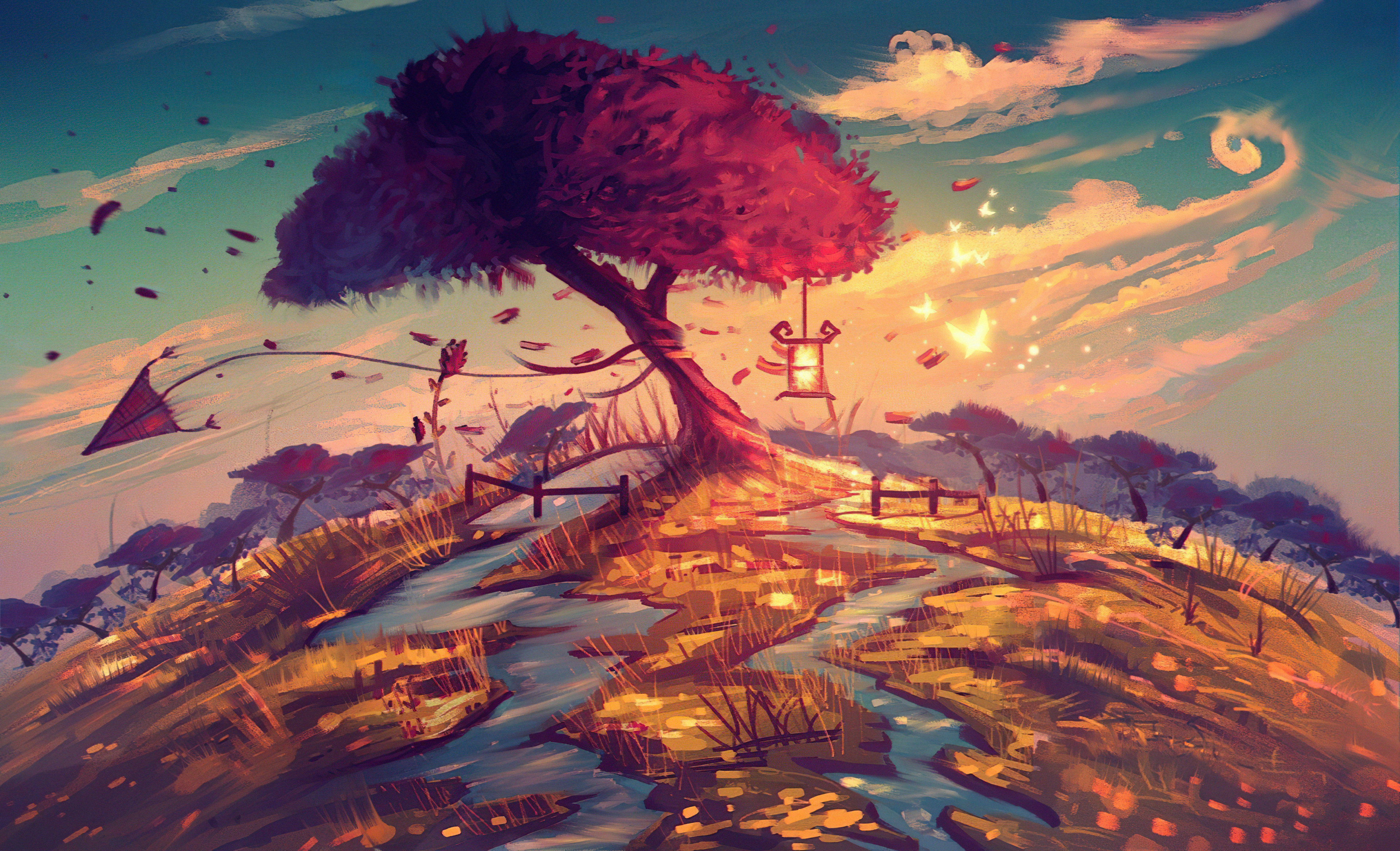 Digital art of a tree with a kite and lantern HD Wallpaper