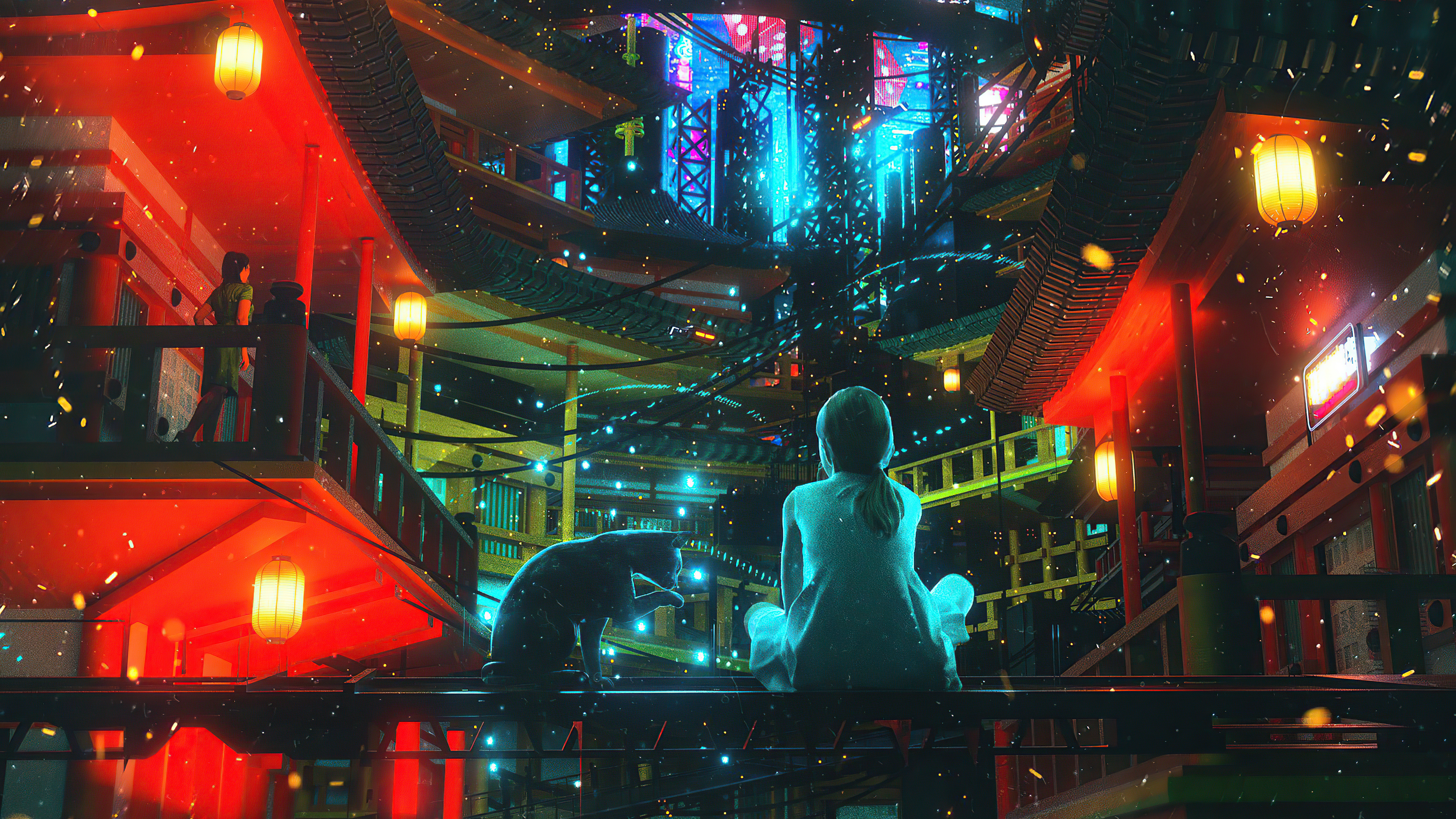 Girl and cat in a futuristic Japanese city HD Wallpaper