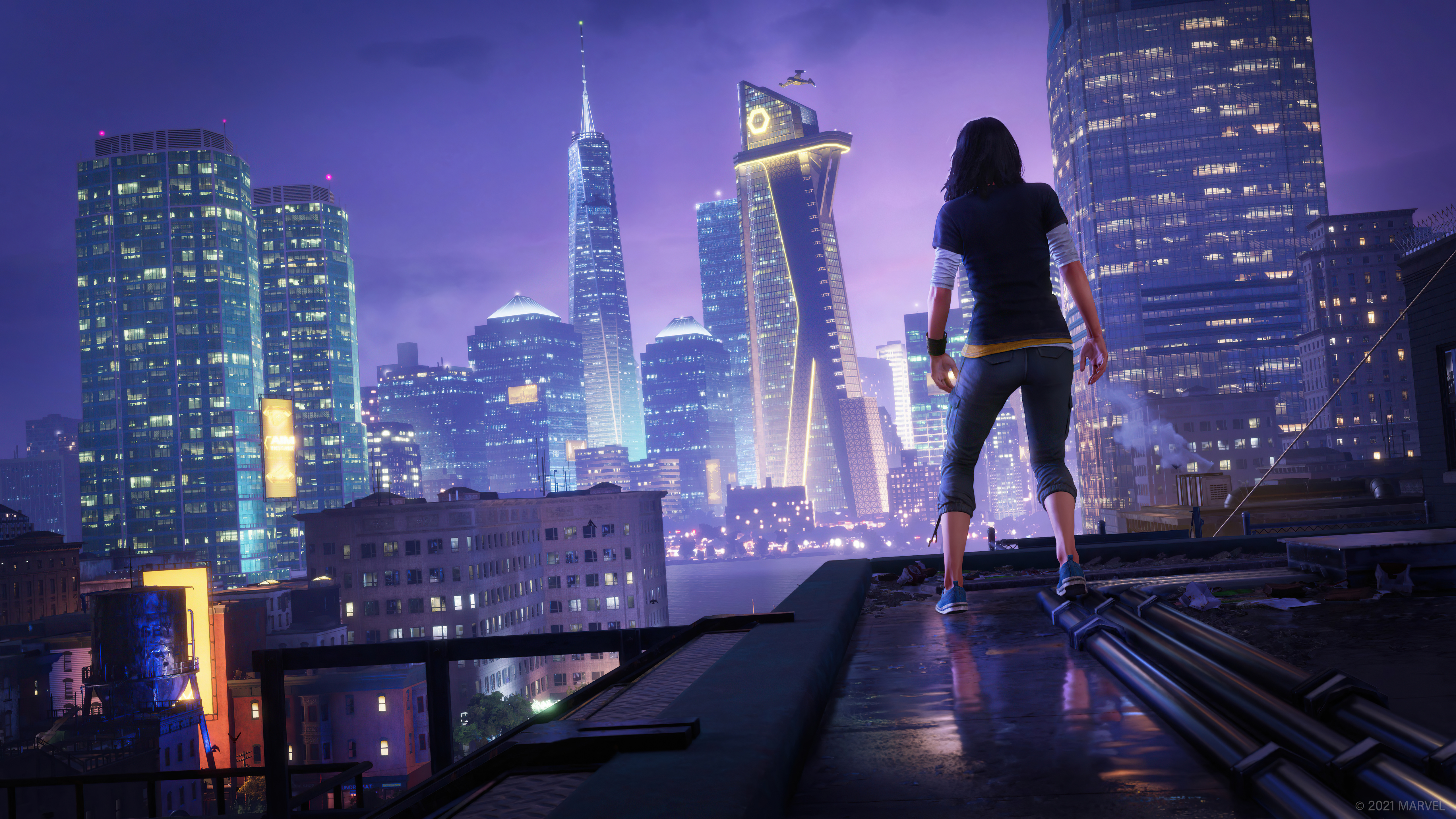 Kamala Khan from Marvel's Avengers overlooking a city at night HD Wallpaper