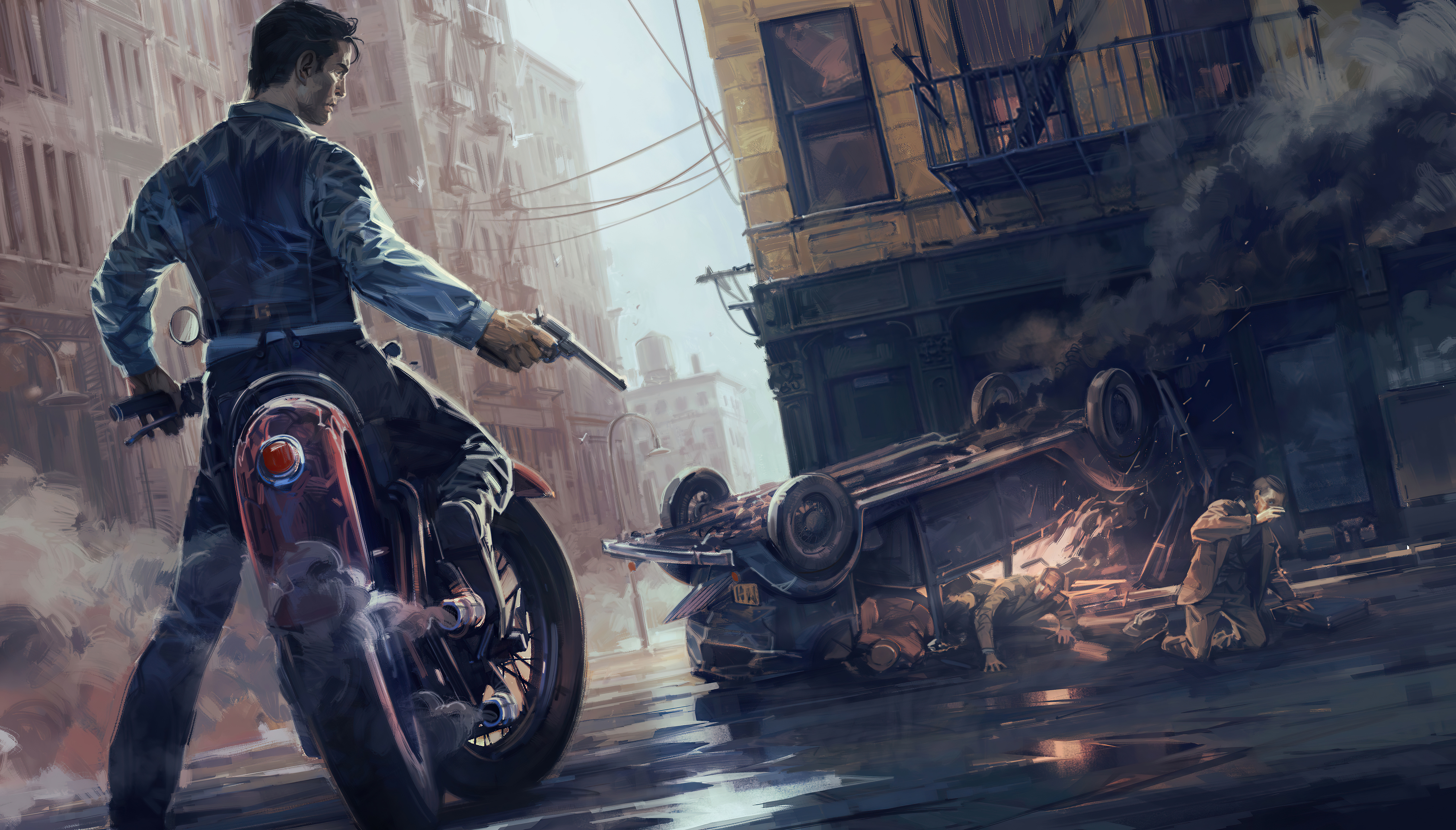 Man on motorcycle with gun near car crash HD Wallpaper
