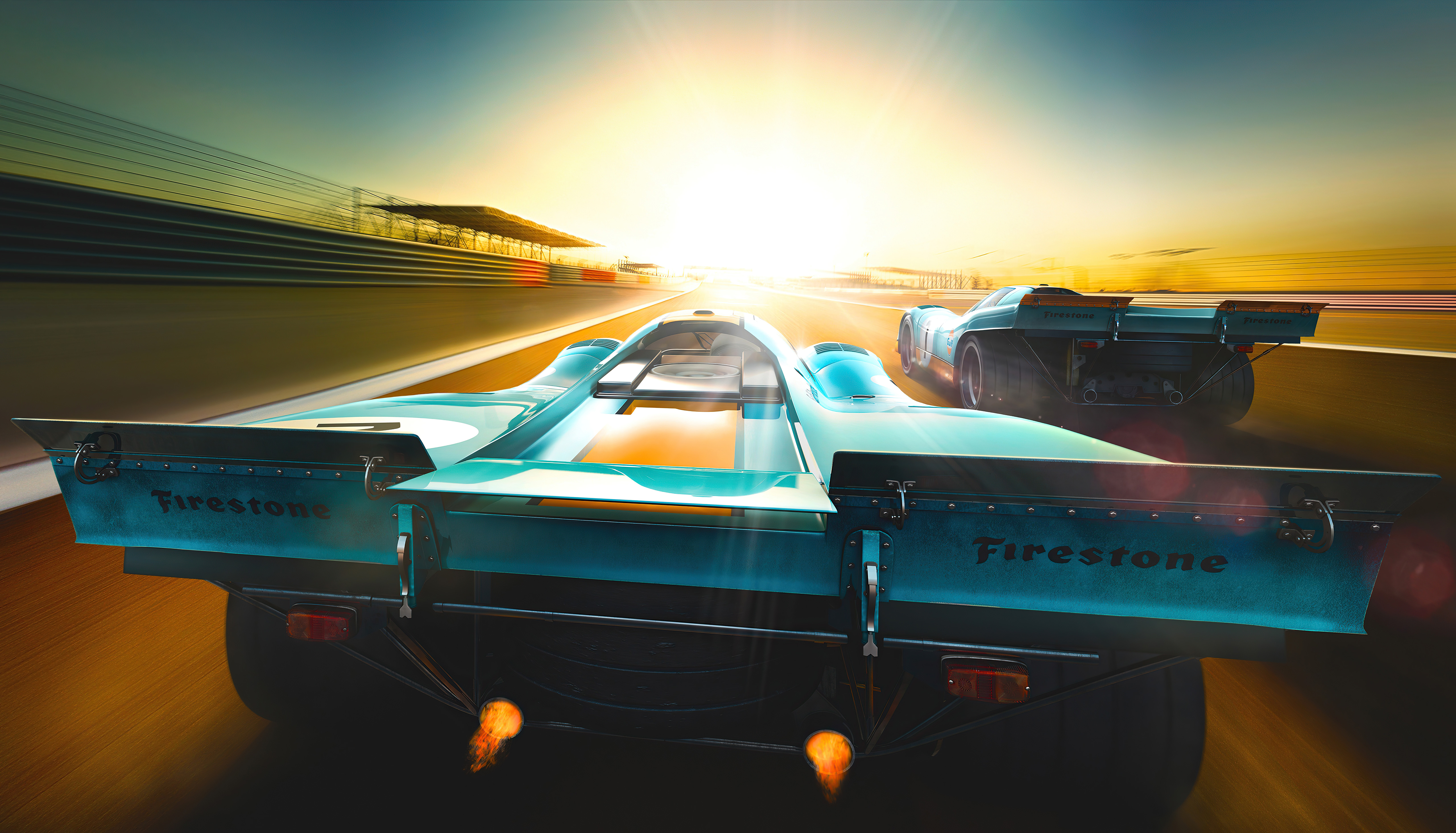 Two racing cars on a track at sunset HD Wallpaper