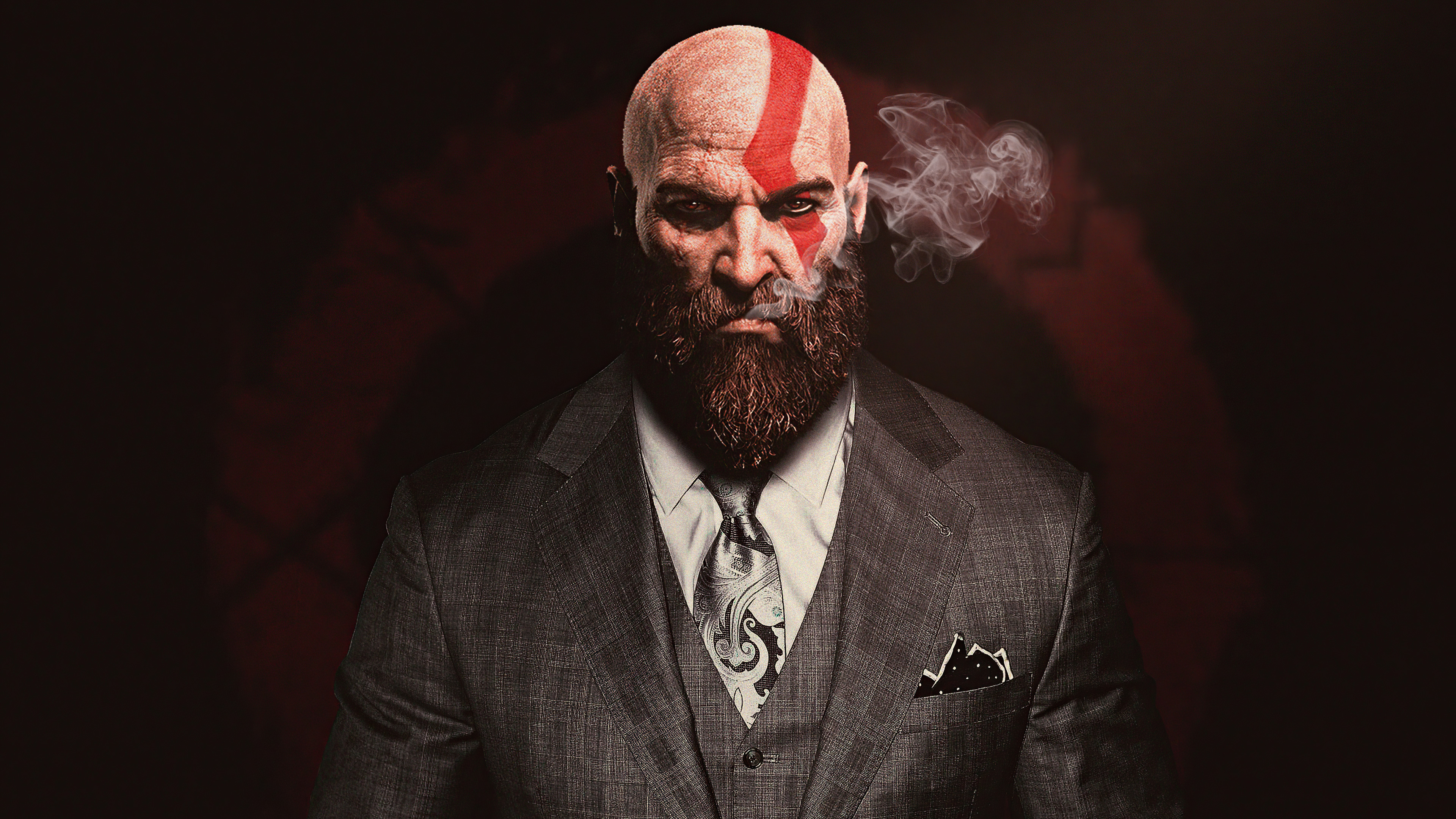 Kratos from God of War in a suit smoking HD Wallpaper