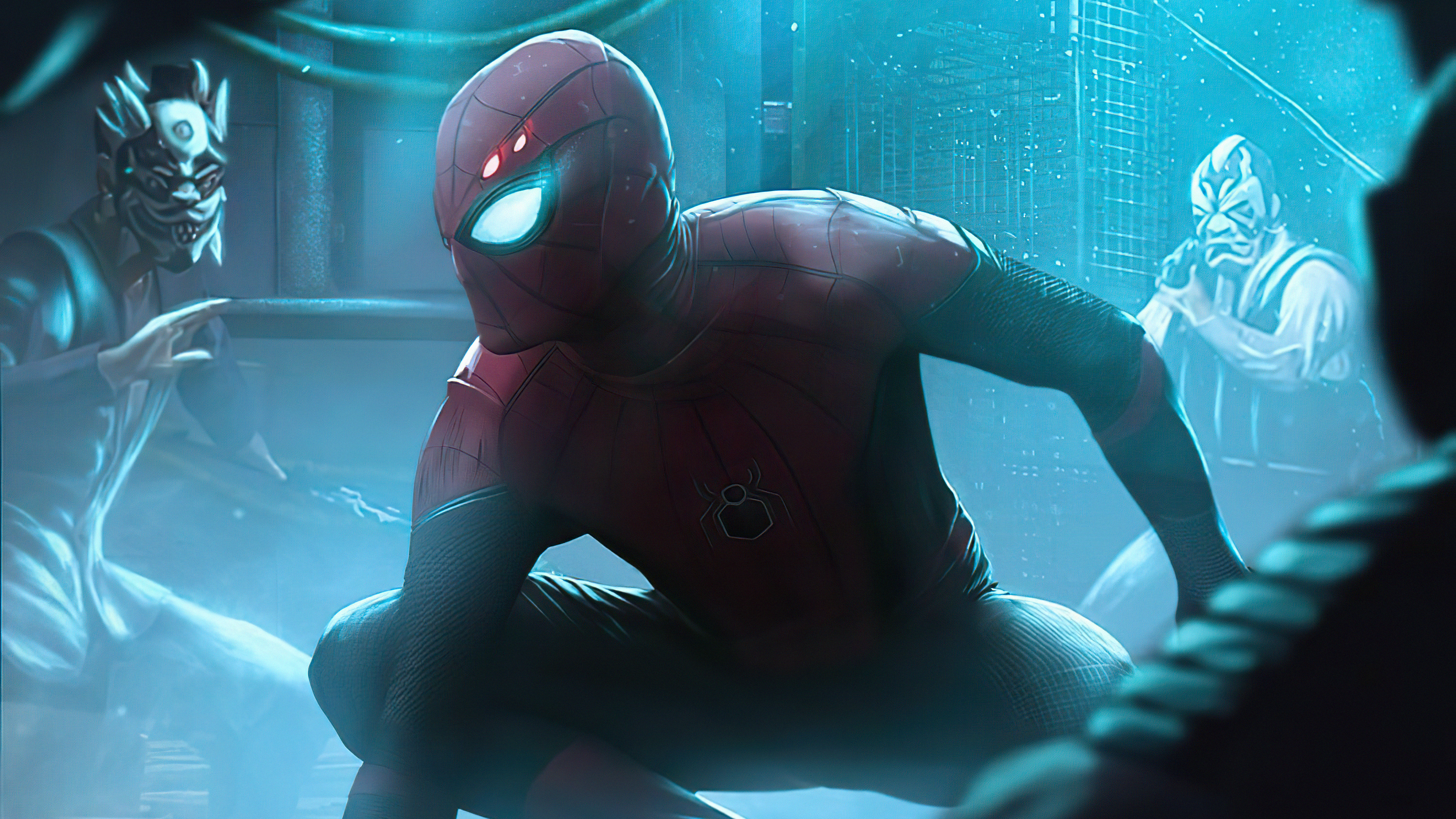 Spider-Man and masked figures in a neon-lit city HD Wallpaper