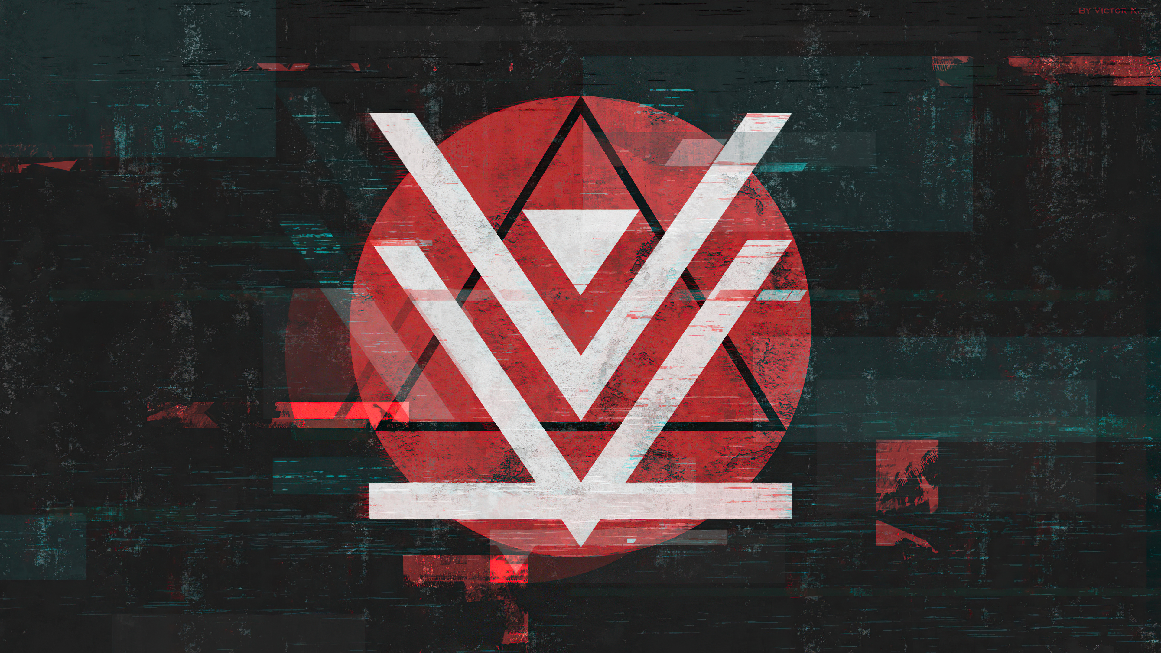 Abstract digital art with red circle and white symbol HD Wallpaper