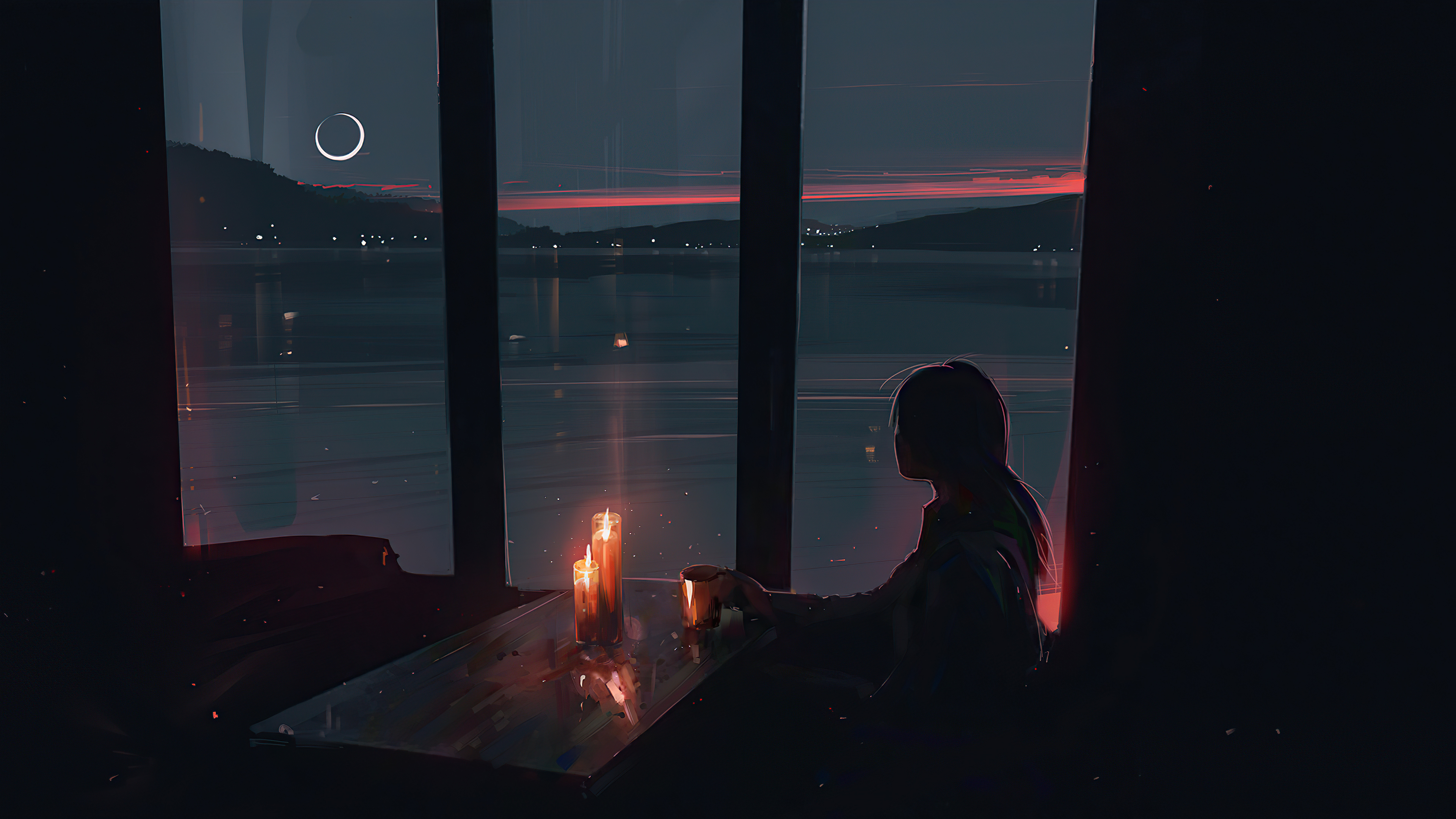 Artwork of a person by a window with candles HD Wallpaper
