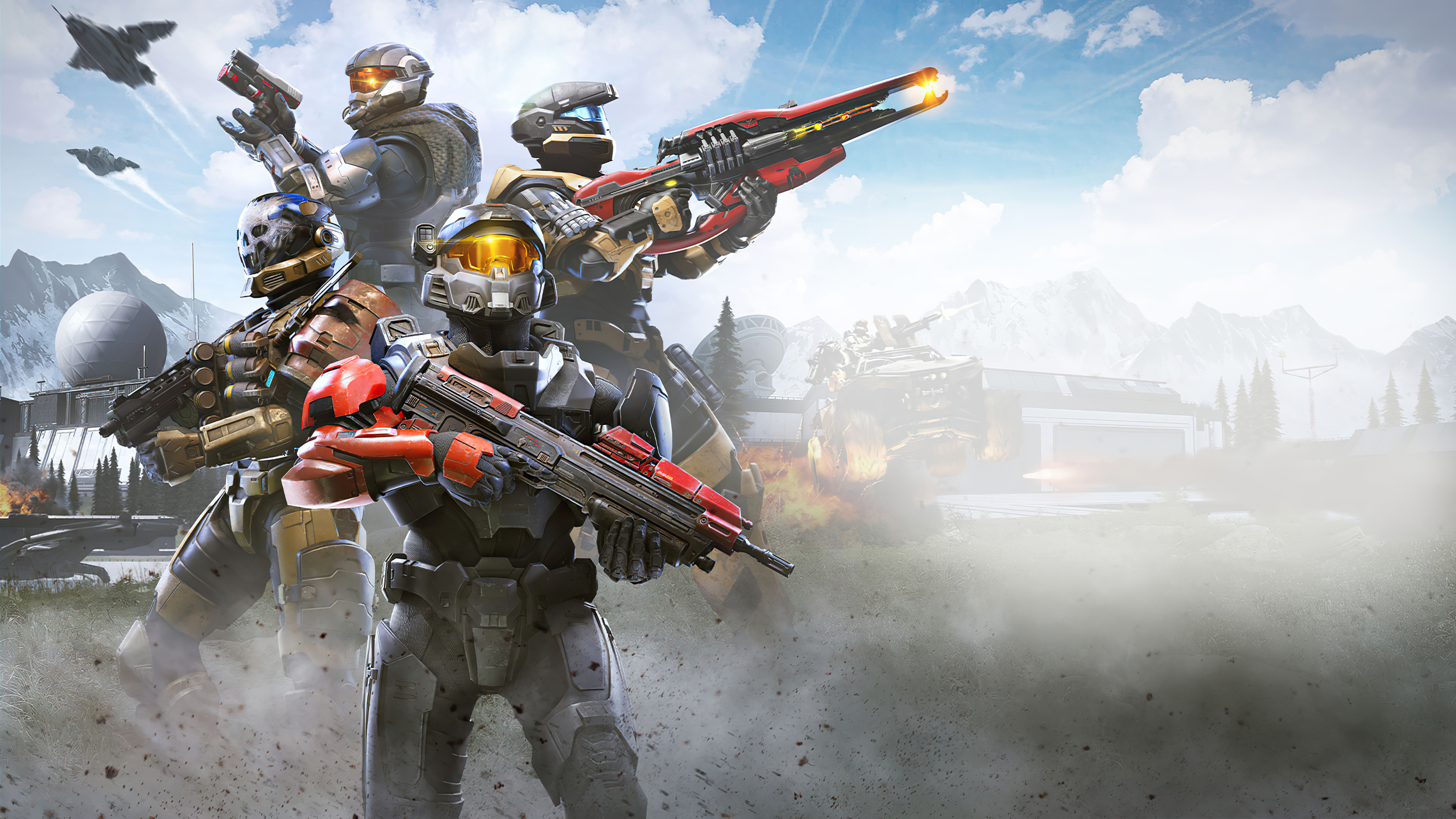 Halo Infinite Spartans with weapons and aircraft HD Wallpaper