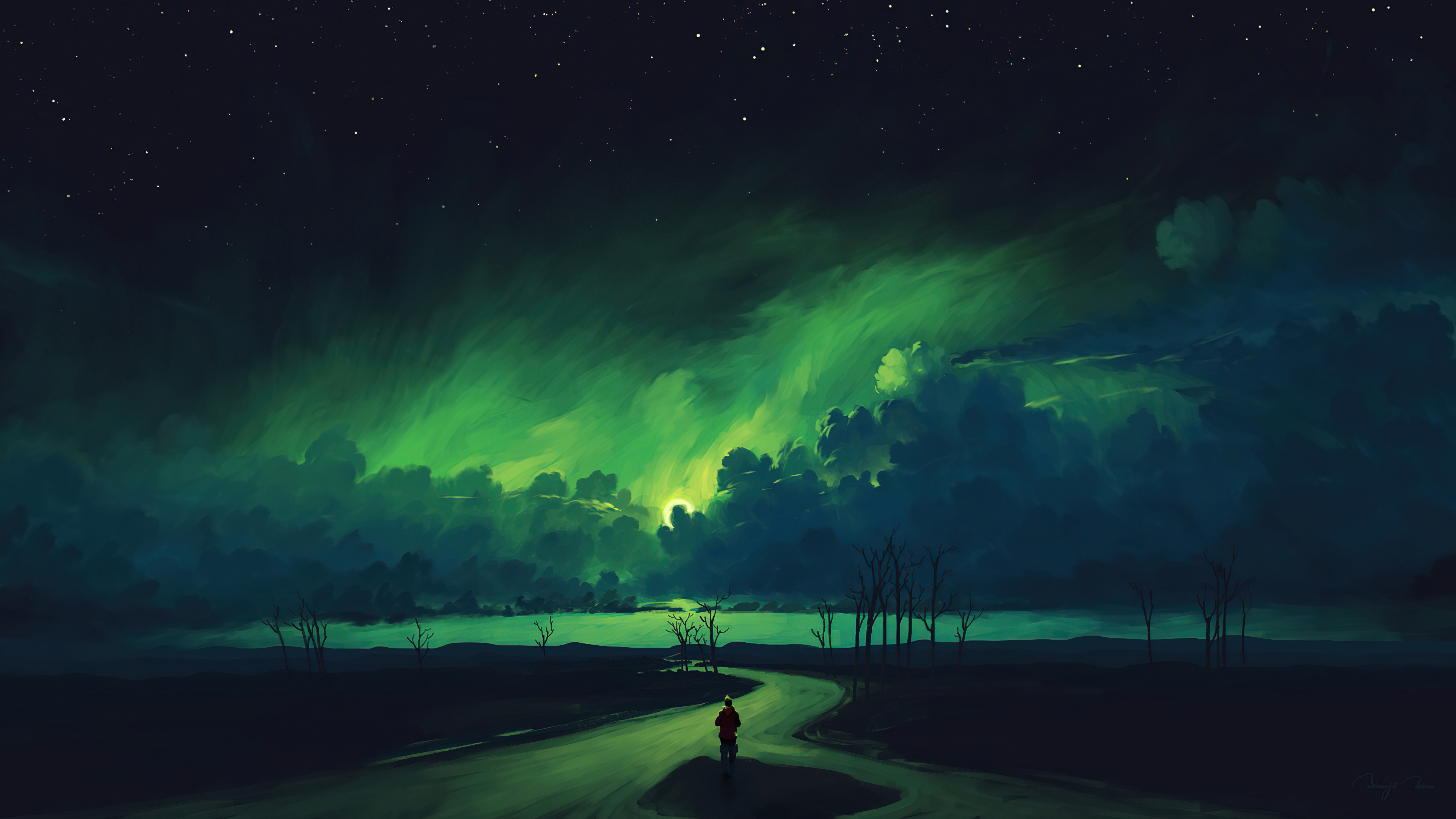 Digital art of a person walking on a road under the aurora HD Wallpaper