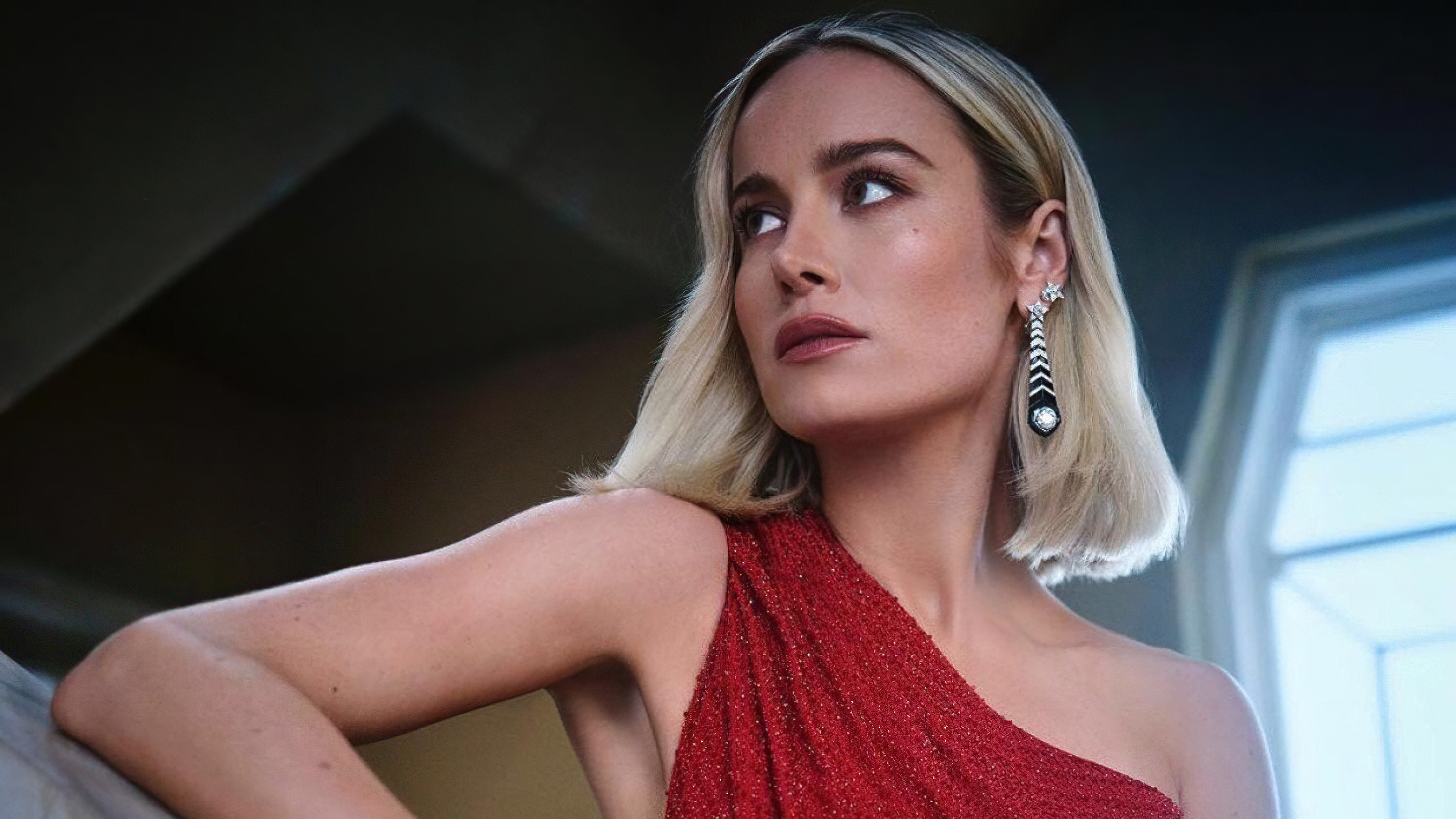 Brie Larson in a red dress photoshoot 4K HD Wallpaper