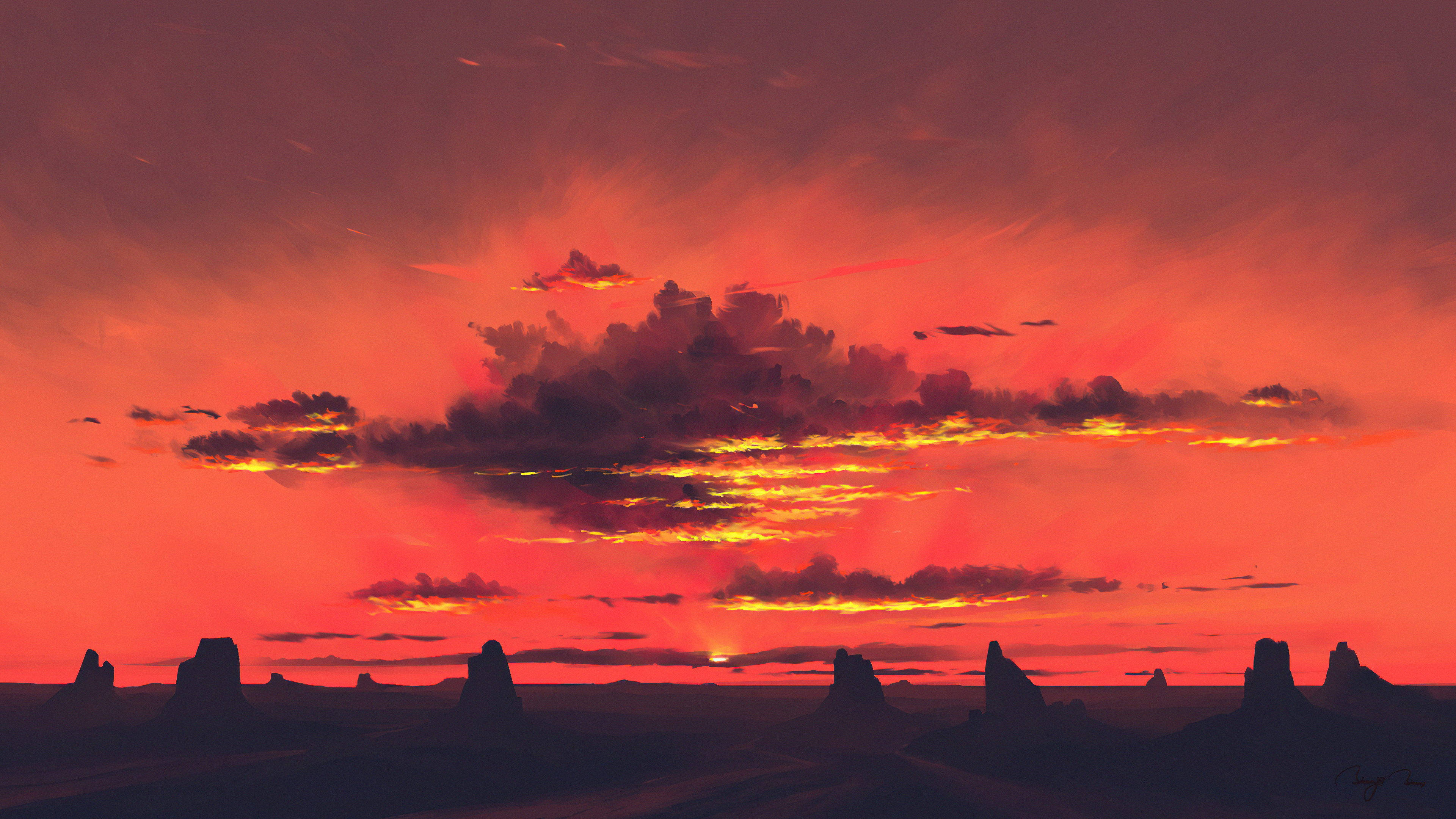 Digital art of a desert sunset with rock formations HD Wallpaper