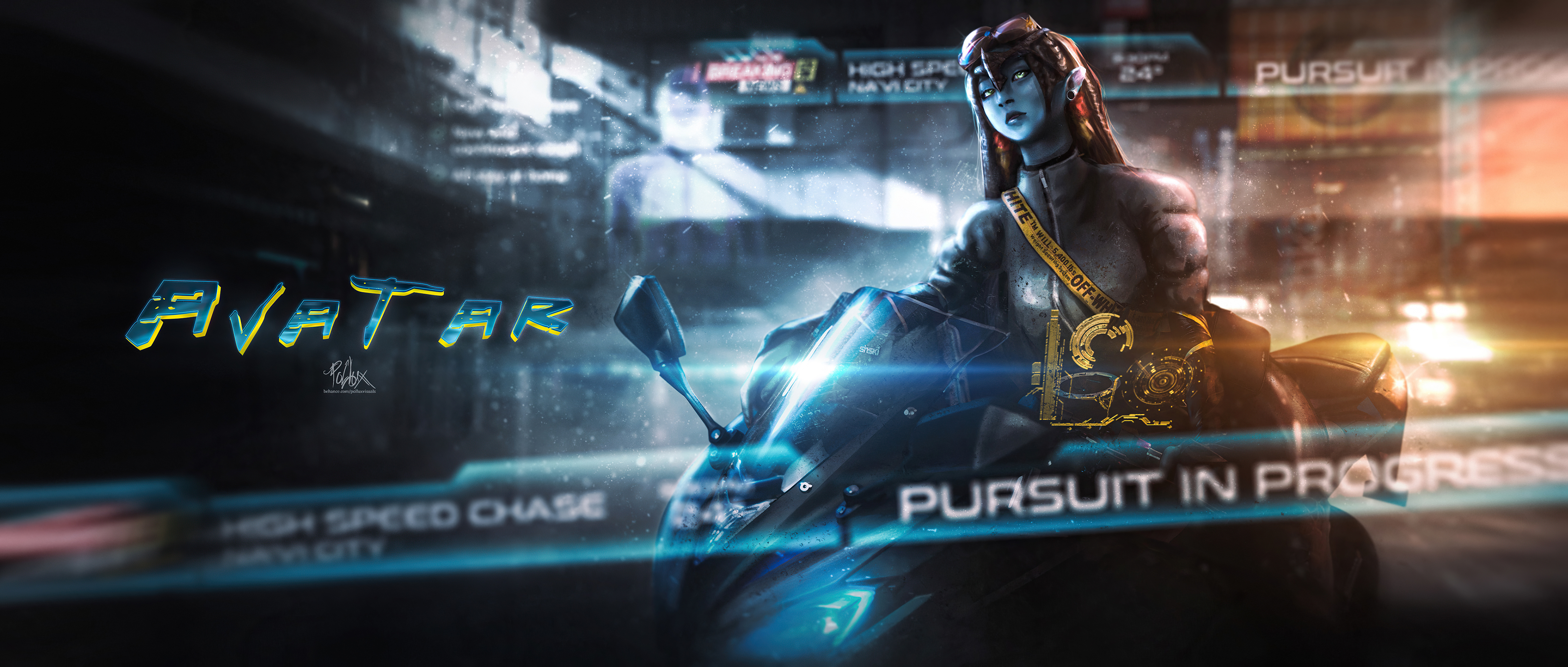 Avatar character on a motorcycle in a futuristic city HD Wallpaper