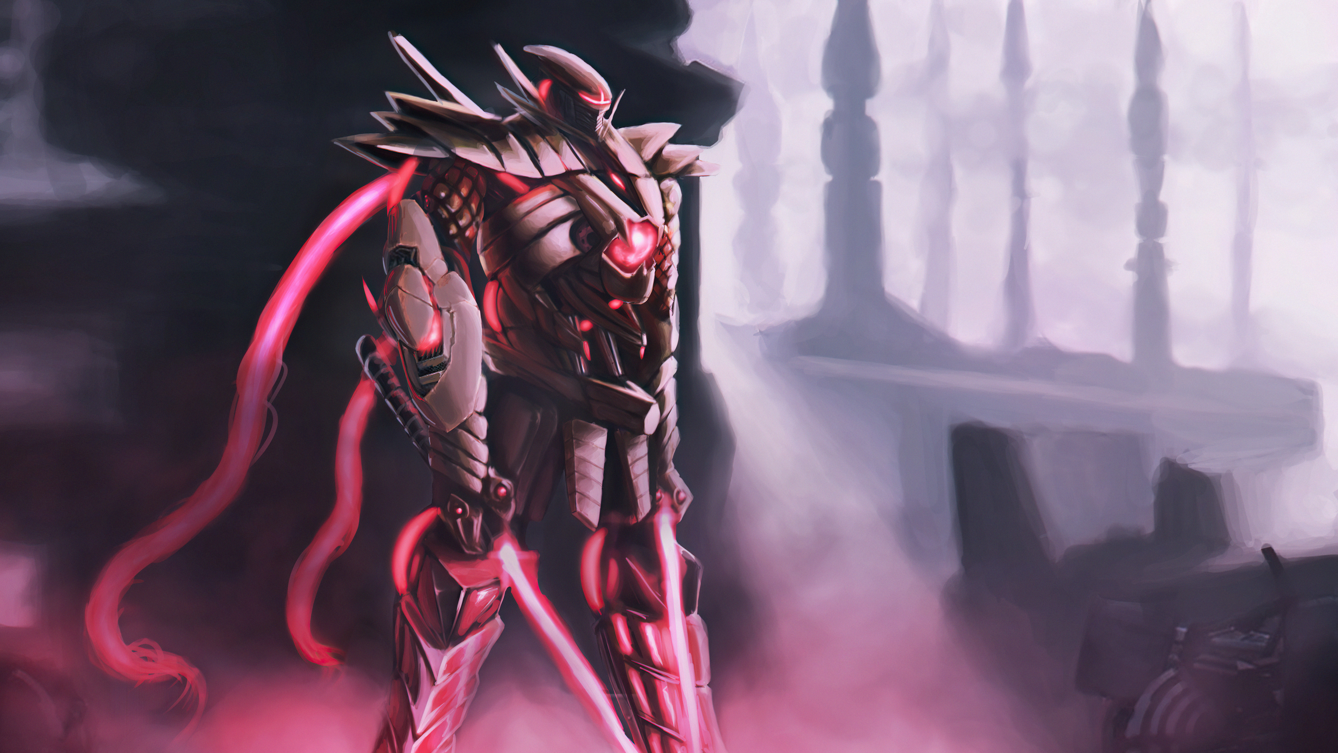 Robot warrior with pink energy in a ruined city HD Wallpaper
