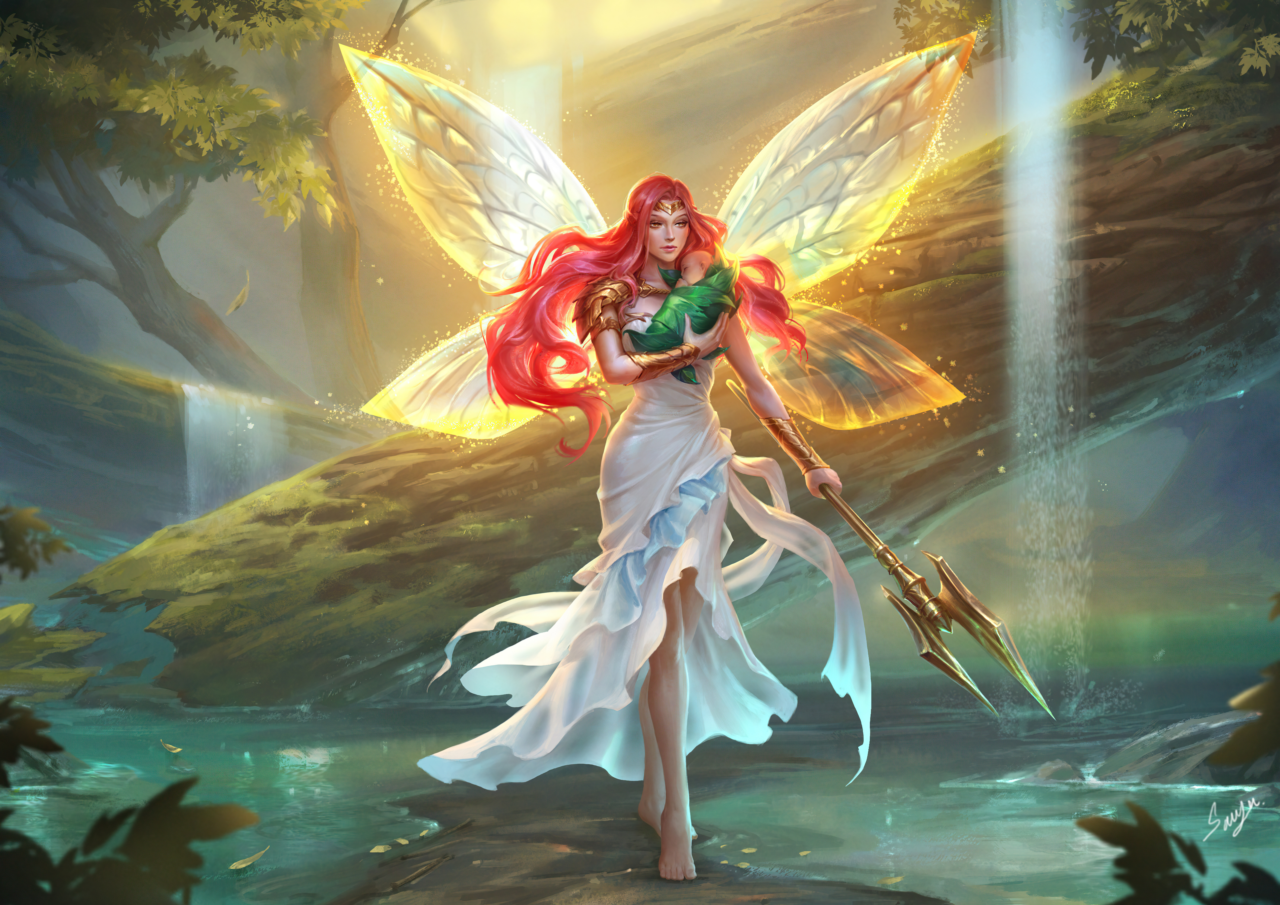 Fairy holding a baby with wings and a trident HD Wallpaper