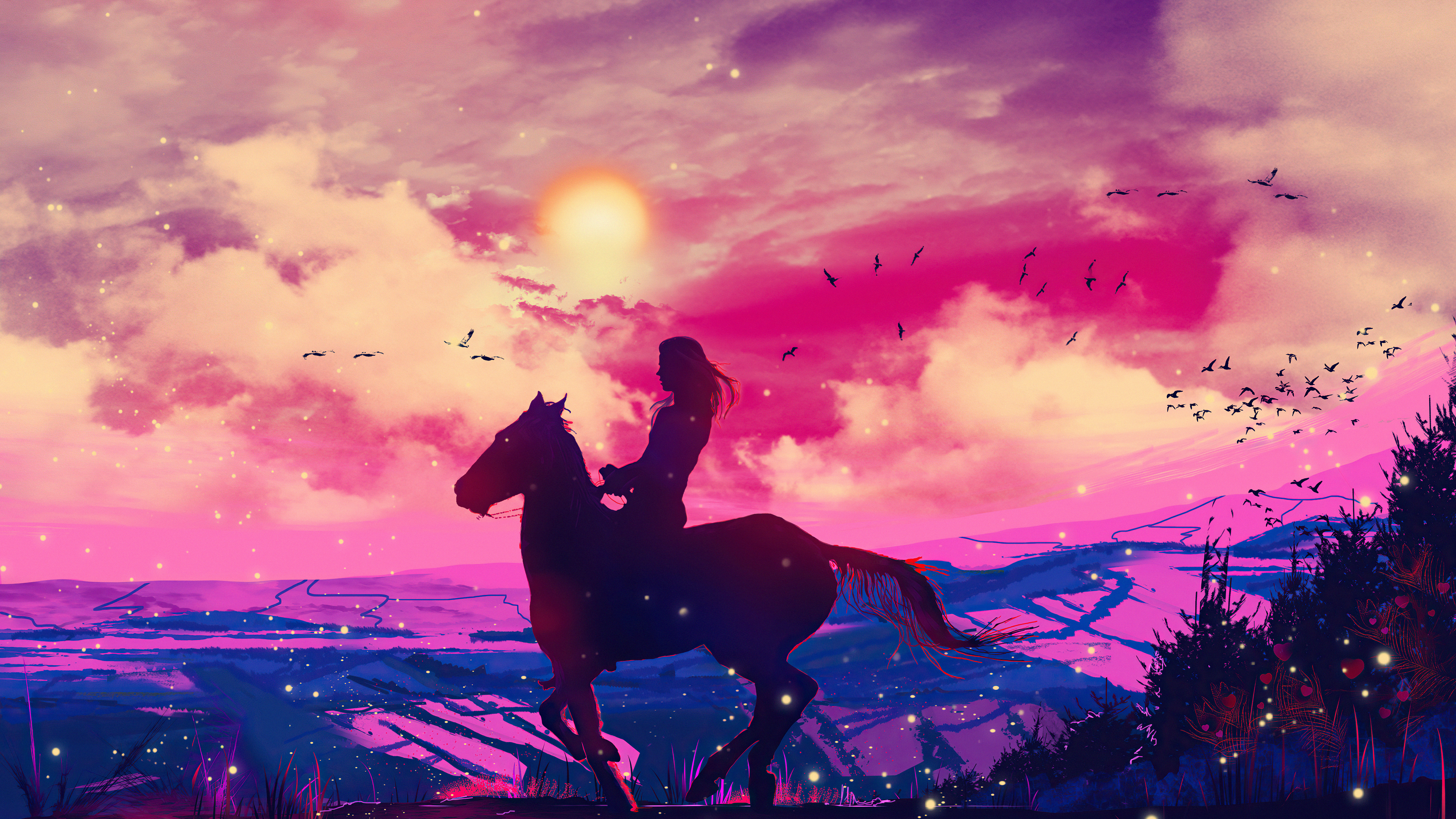Silhouette of a person riding a horse at sunset HD Wallpaper