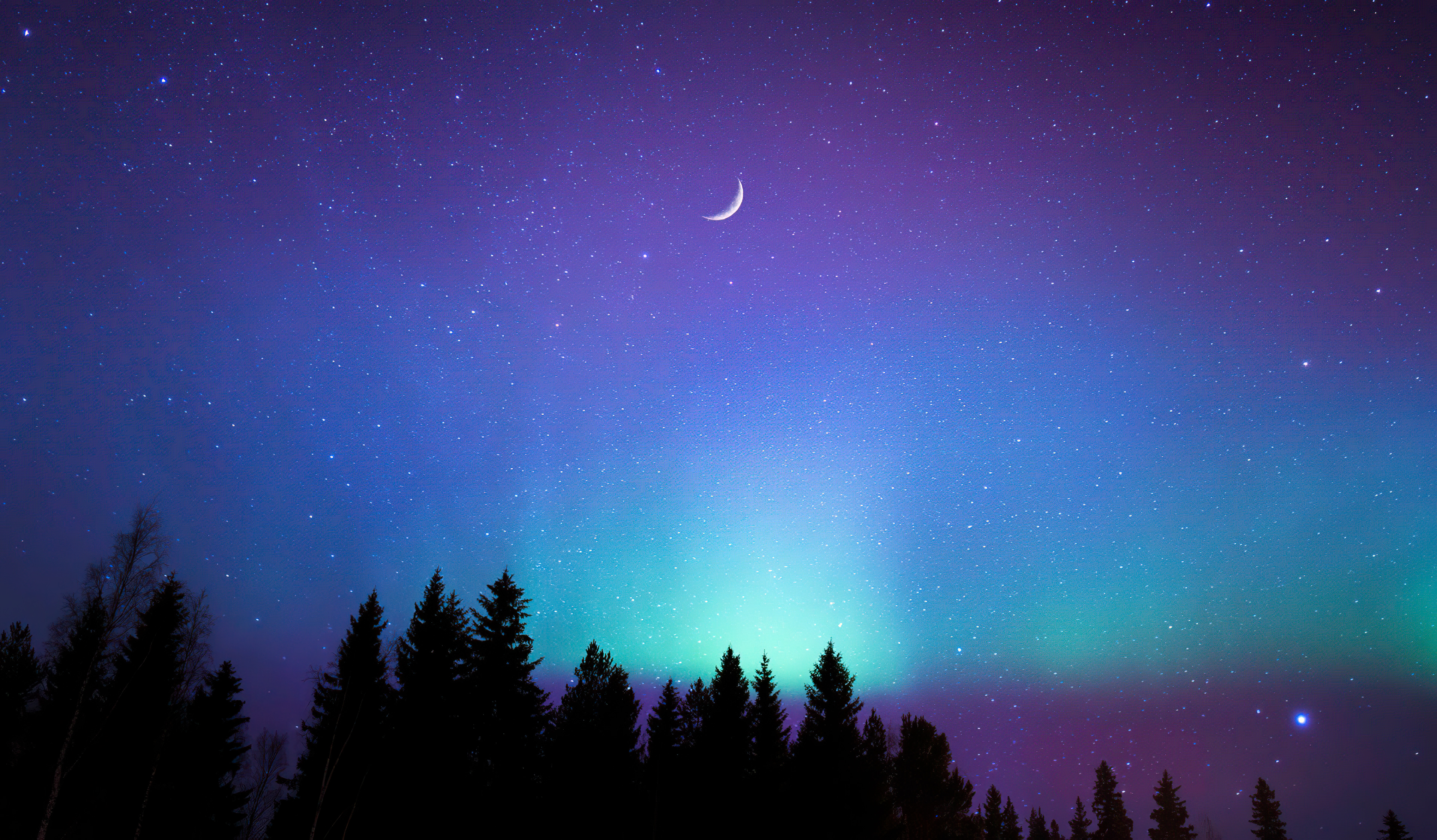 Night sky with aurora and crescent moon HD Wallpaper