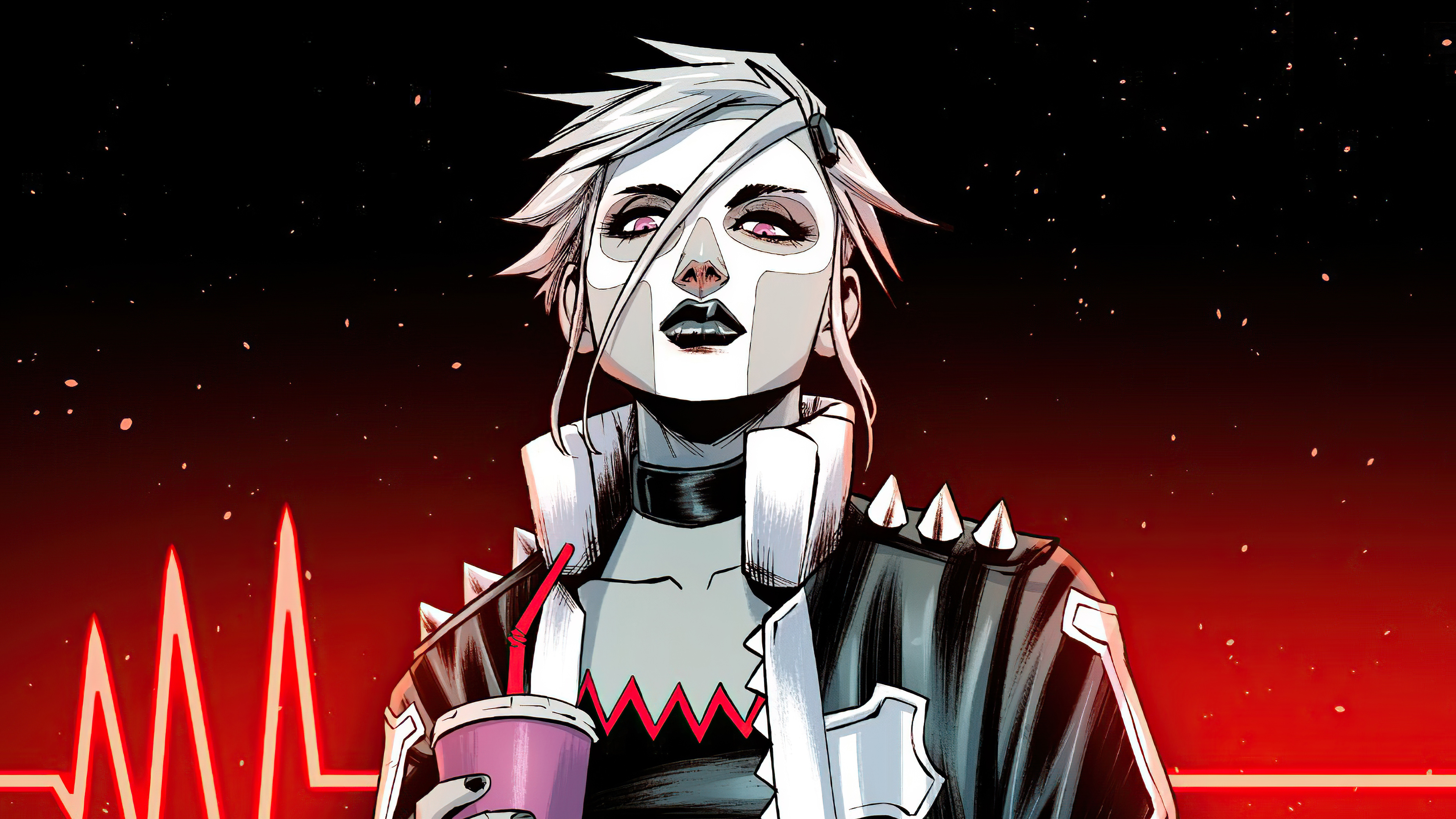Woman with white hair and skull makeup holding a drink HD Wallpaper