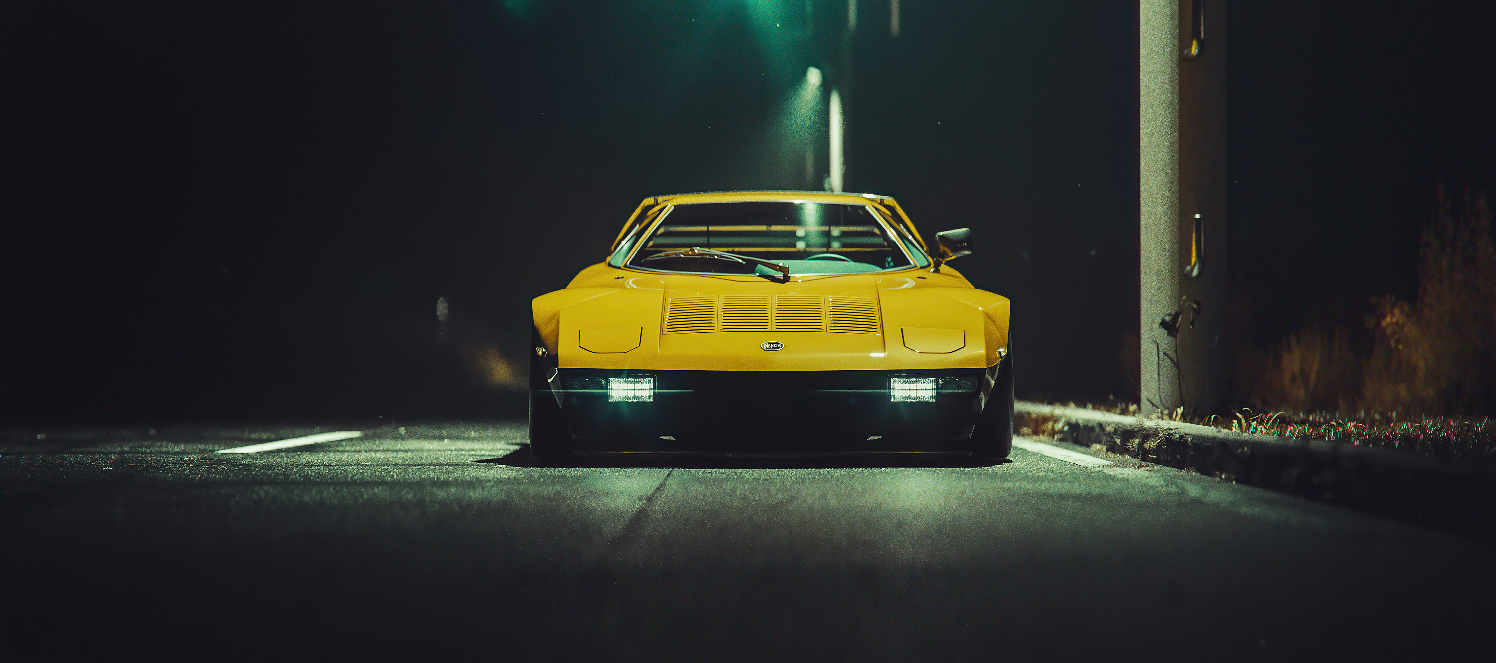 Yellow Mazda RX-7 on a dark road HD Wallpaper