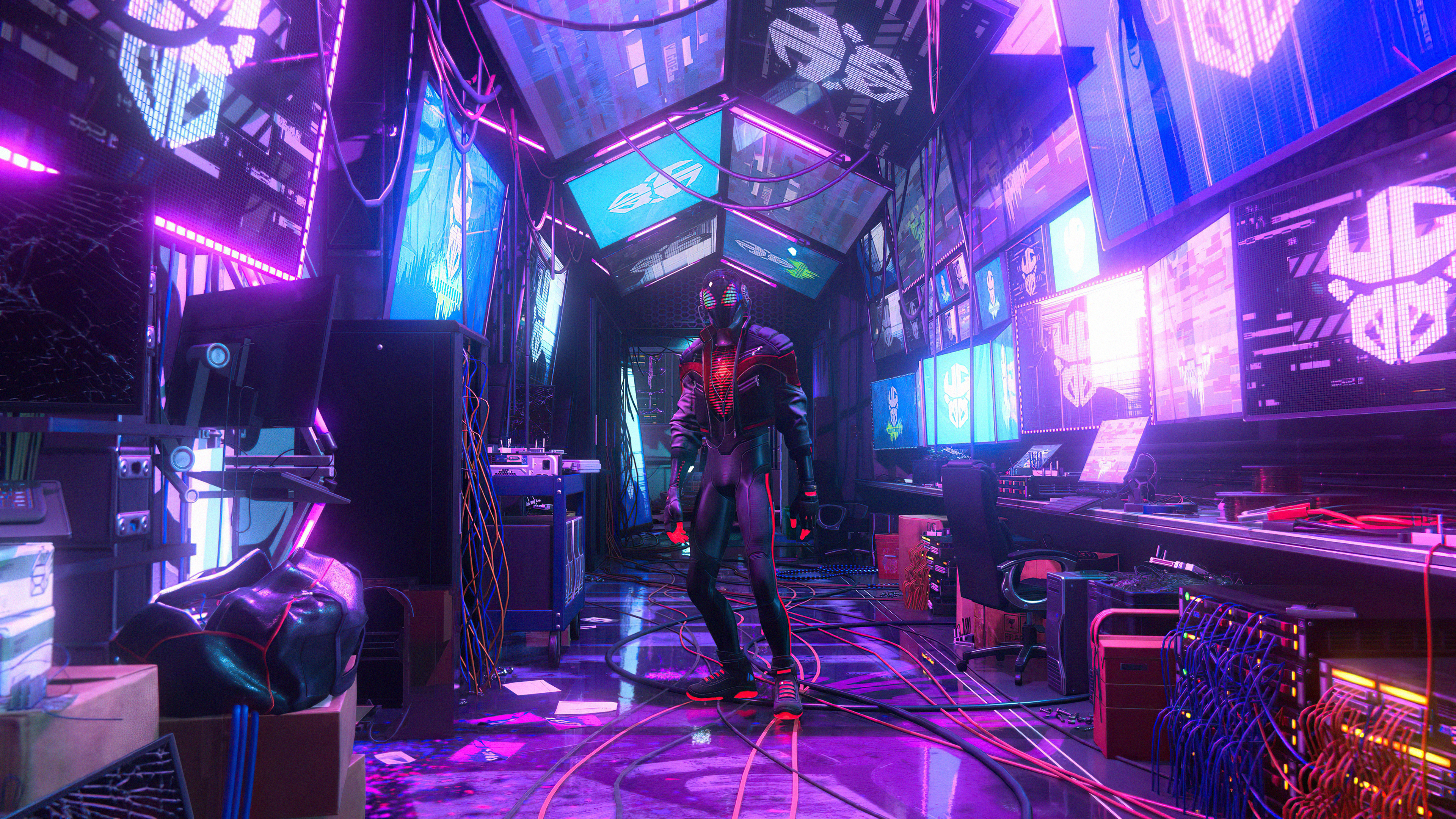 Spider-Man Miles Morales in a futuristic room with monitors HD Wallpaper