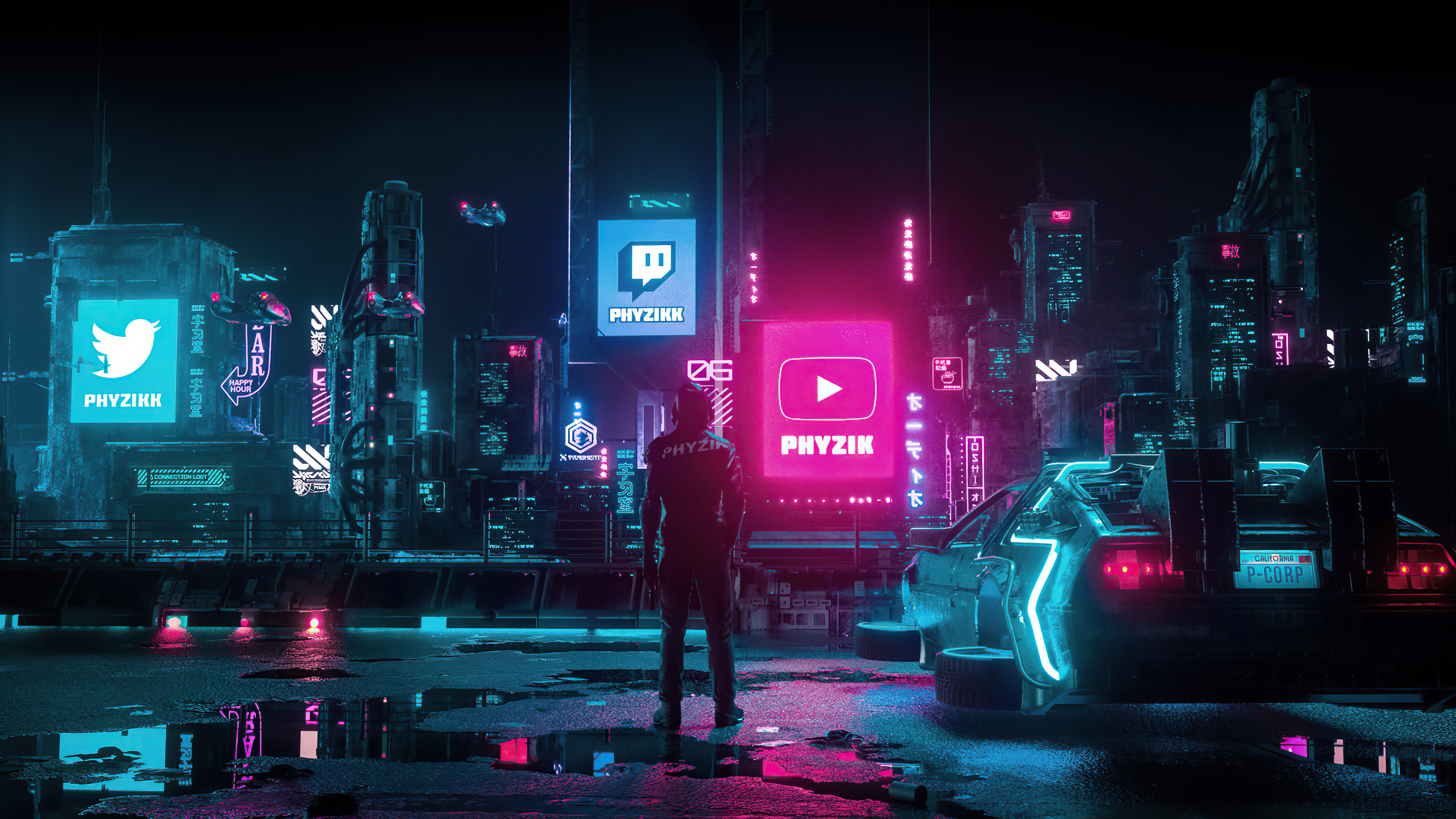 Cyberpunk city with social media logos and a person HD Wallpaper