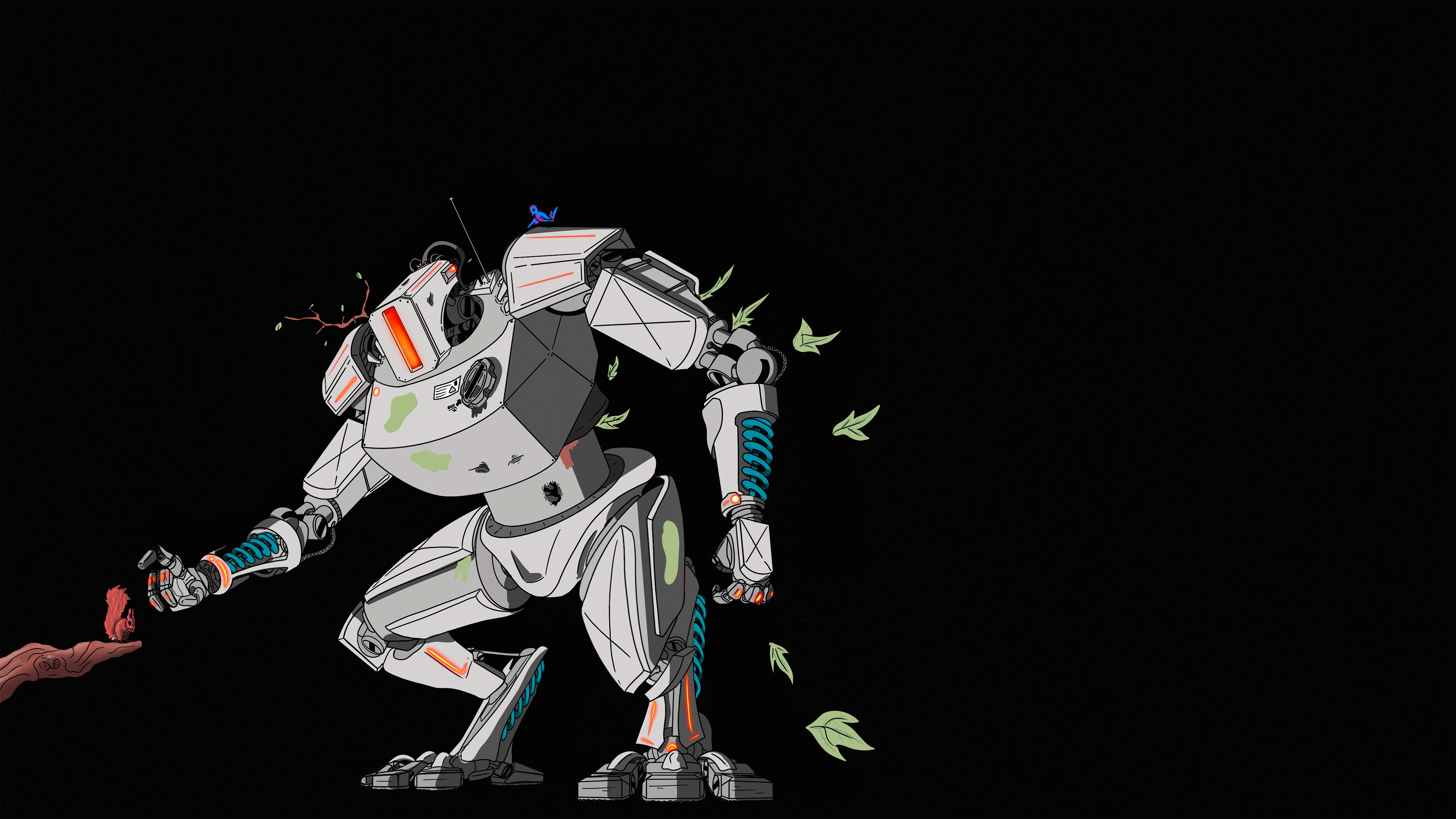 Robot with plants and butterflies on black background HD Wallpaper