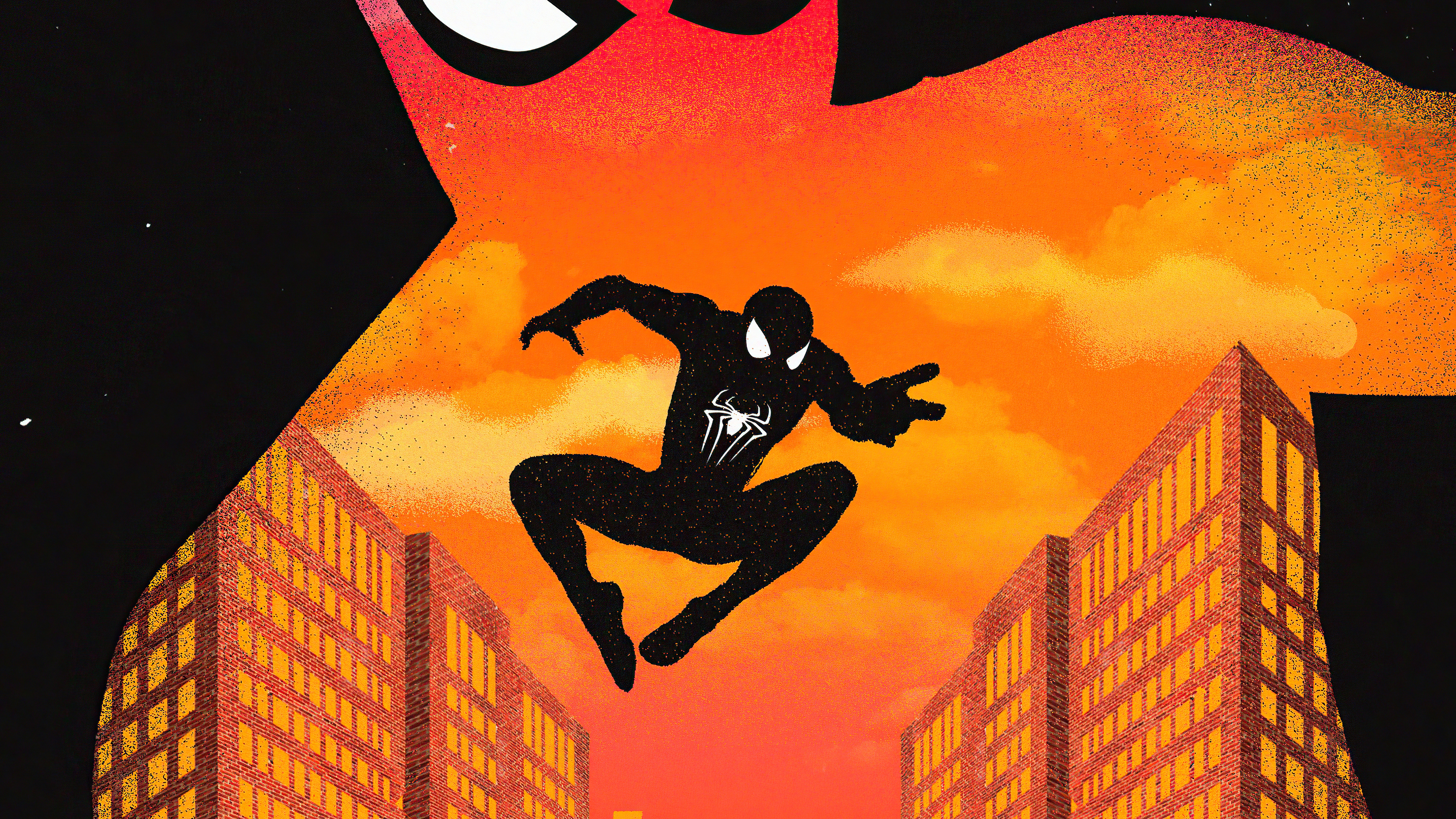 Spider-Man silhouette leaping between buildings at sunset HD Wallpaper