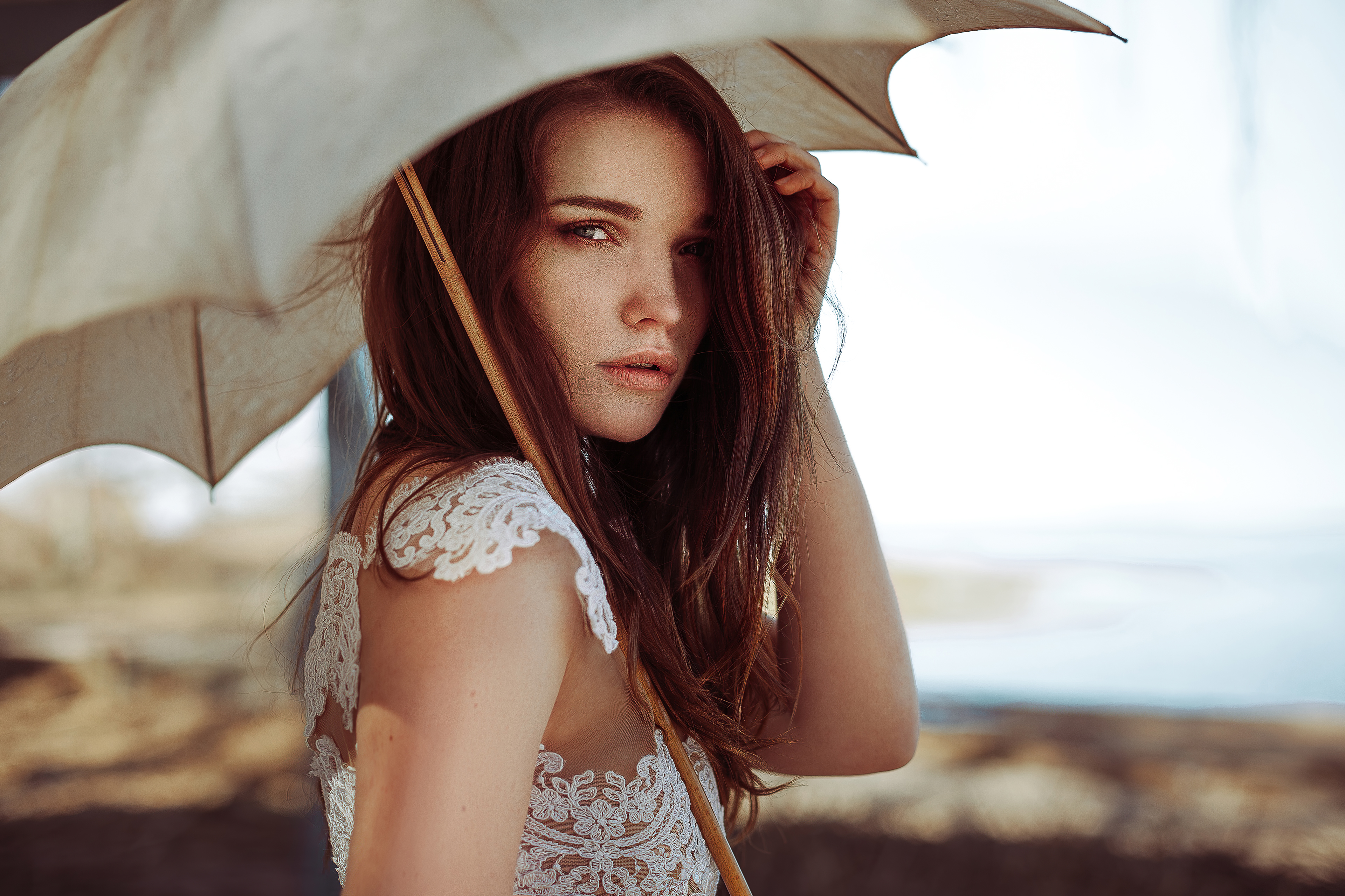 Woman with umbrella in white dress HD Wallpaper