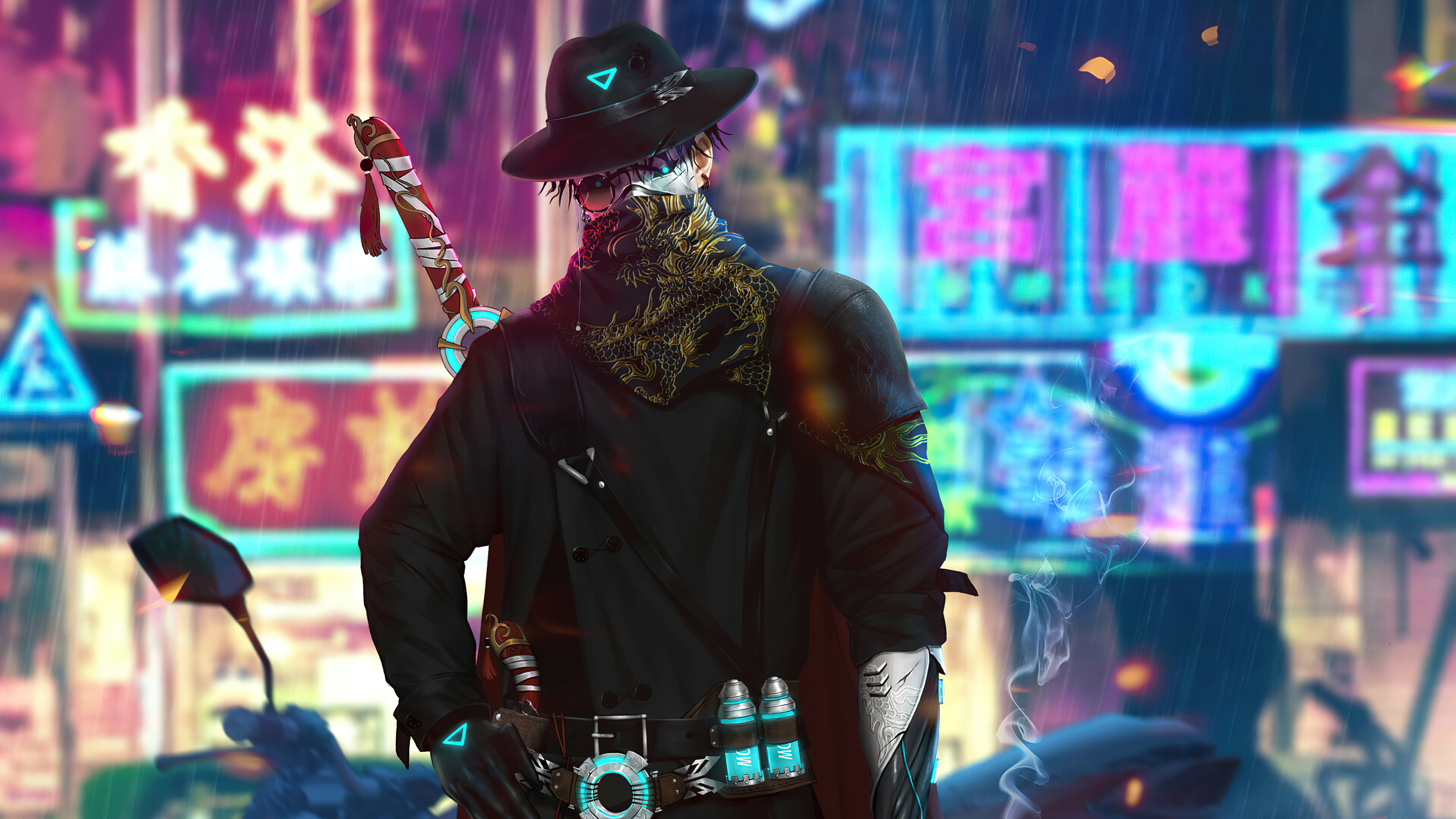 Cyberpunk character with sword in neon city HD Wallpaper