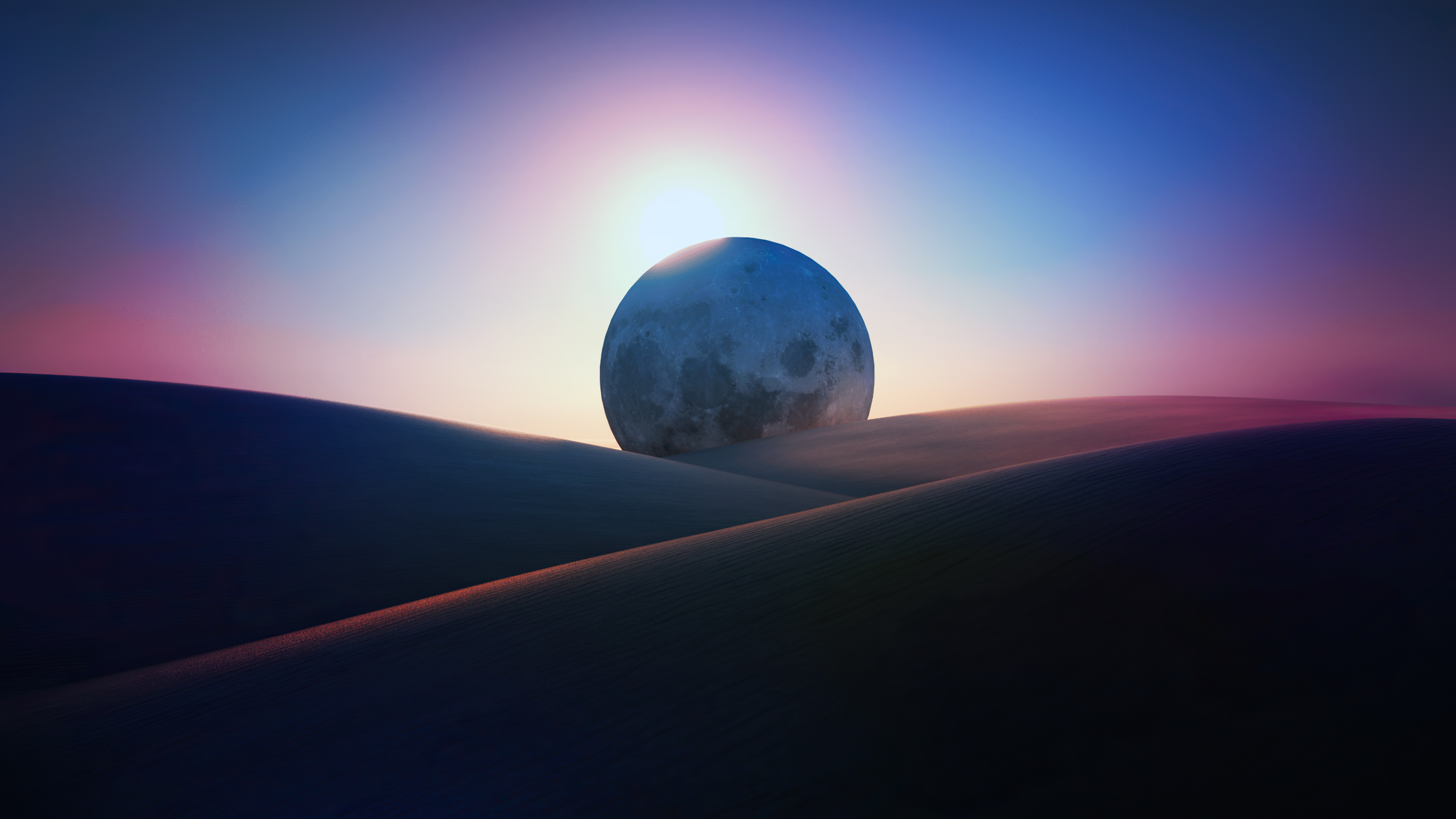 Moon over desert dunes at sunset 4K HD Wallpaper