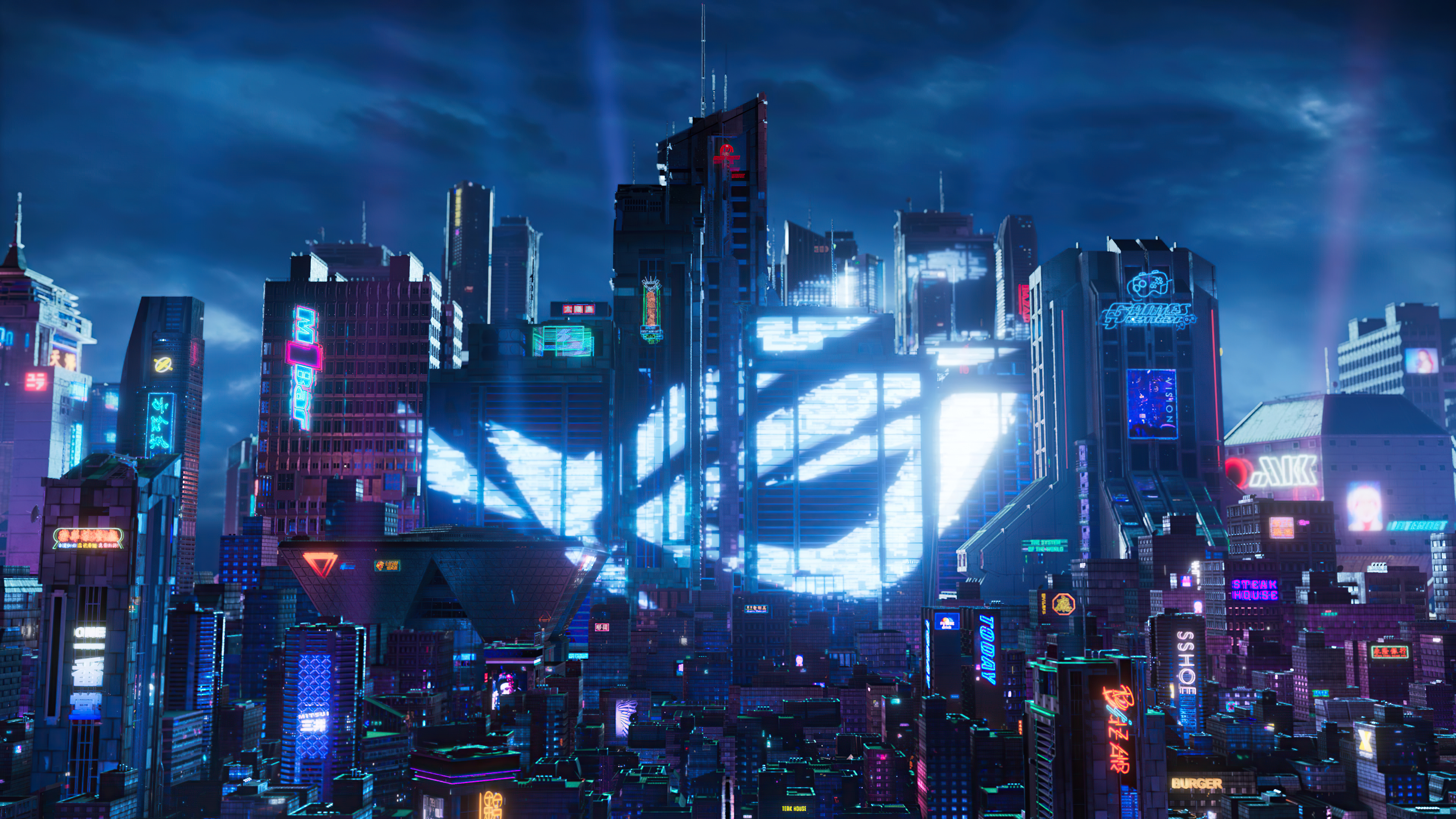 Republic of Gamers logo on futuristic city skyline HD Wallpaper