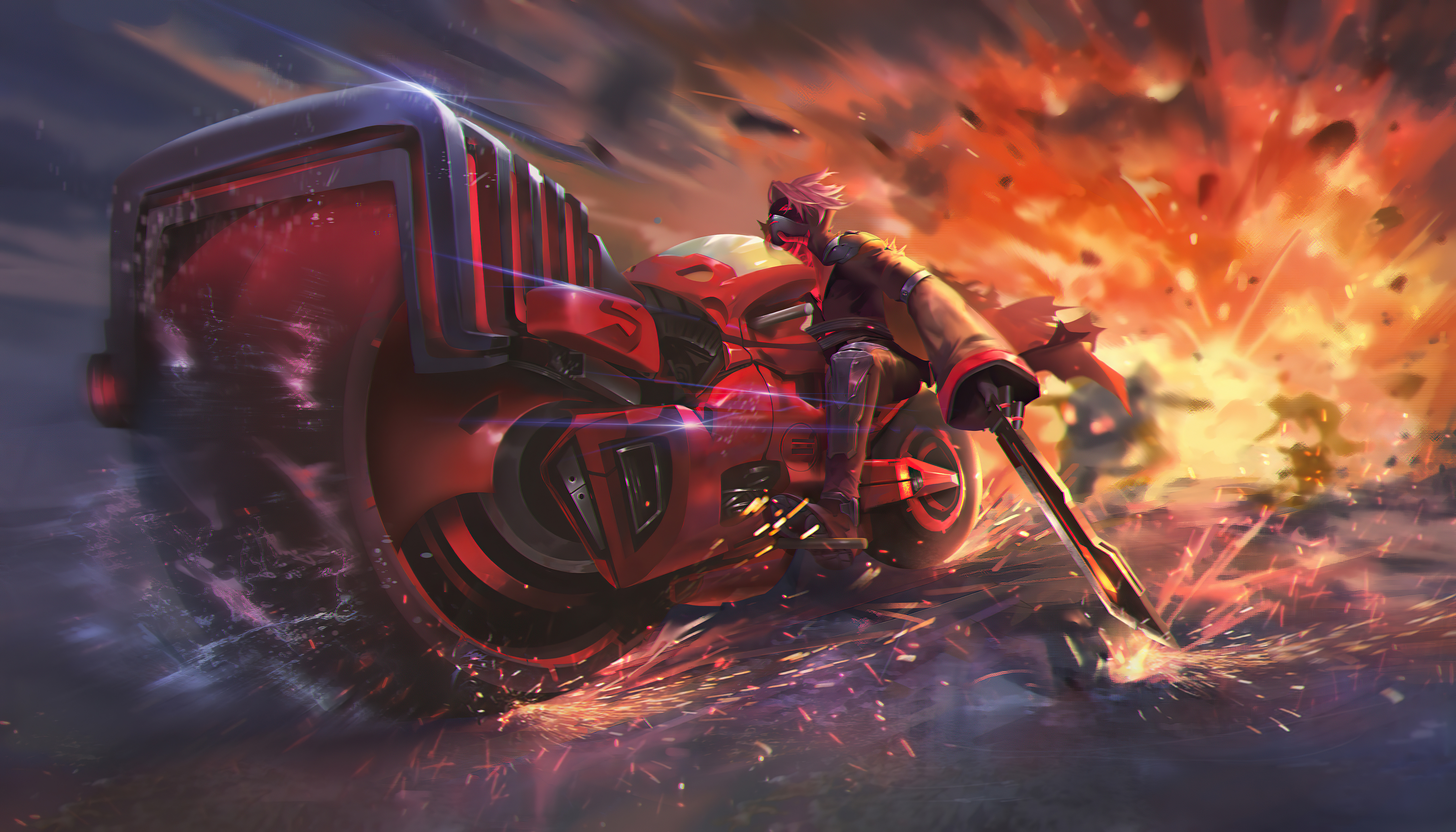 Cyber fighter on a red motorcycle in an explosion HD Wallpaper