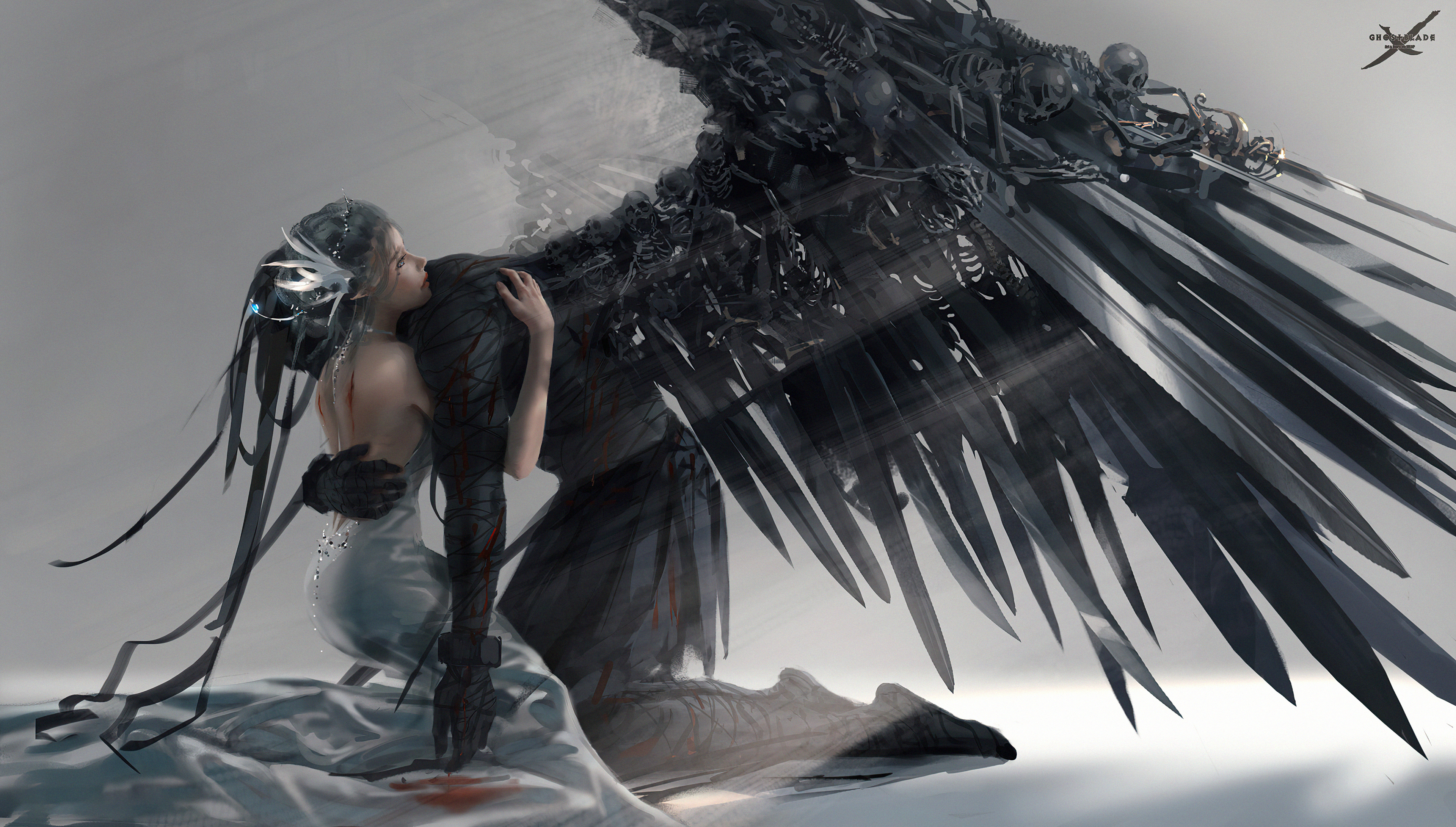 Angel with skeletal wings embracing a woman HD Wallpaper