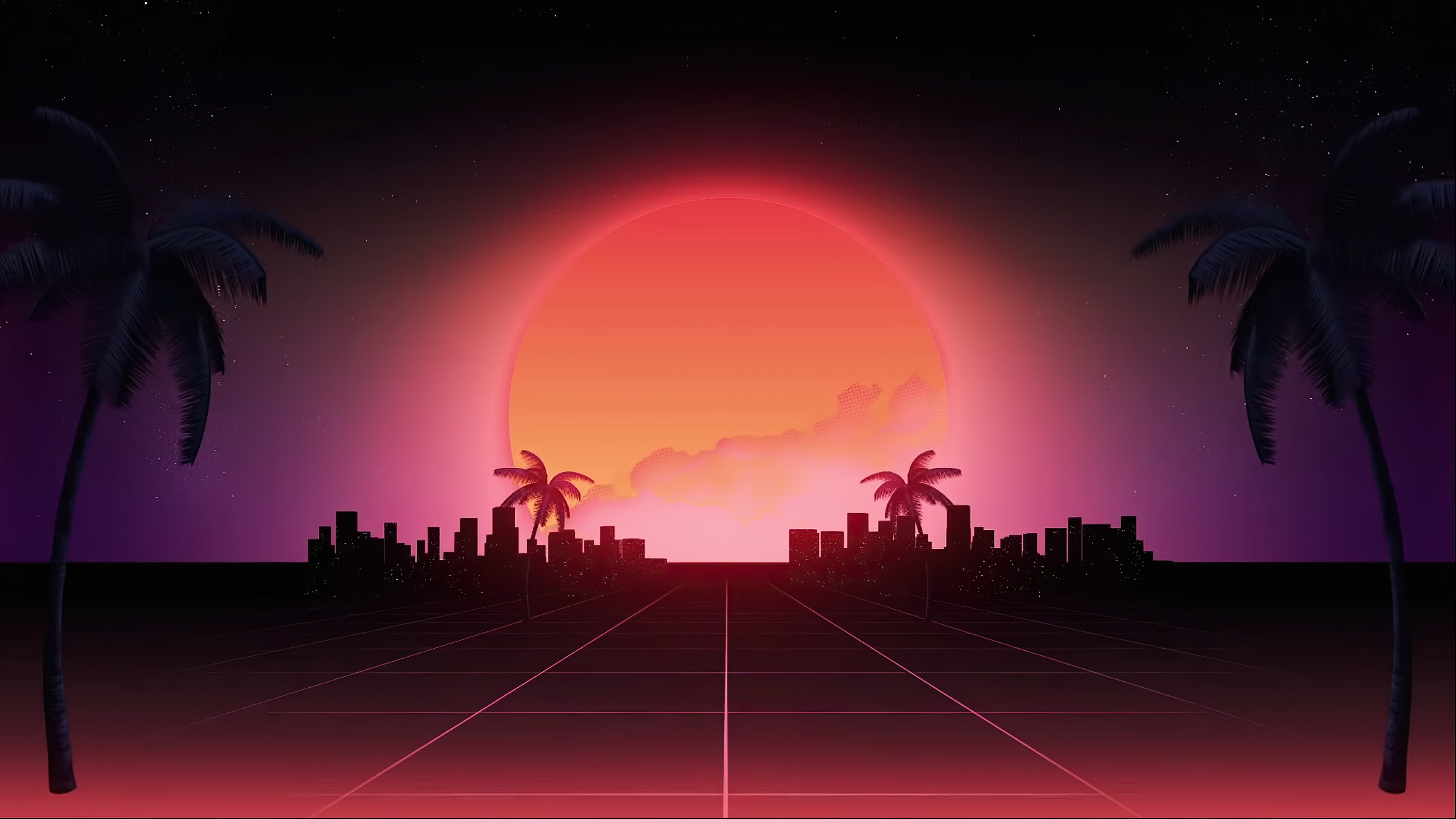 Retrowave city skyline with palm trees and sunset 4K HD Wallpaper