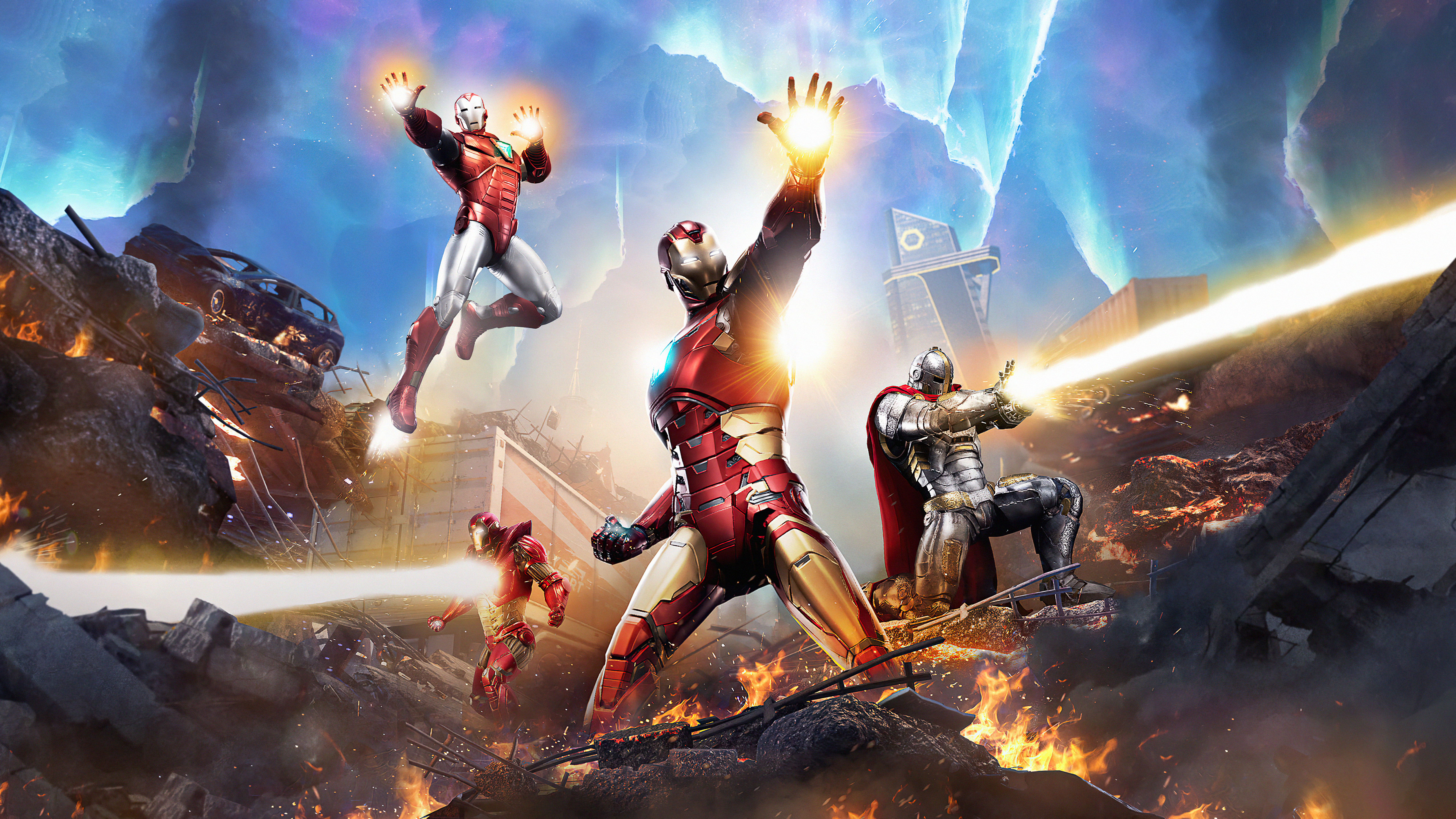 Iron Man and allies in a battle HD Wallpaper