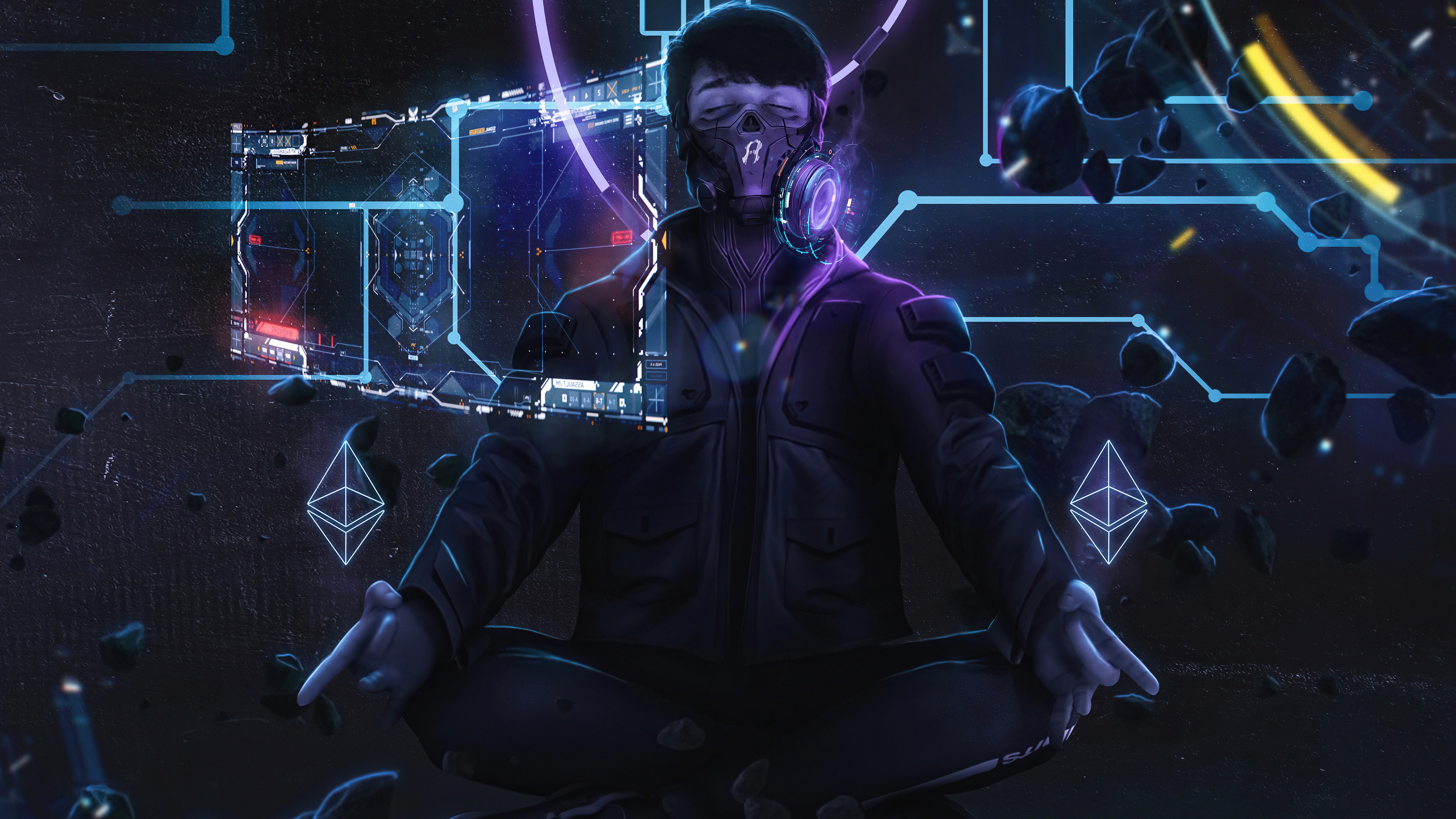 Man in mask meditating with Ethereum symbols and futuristic interface HD Wallpaper