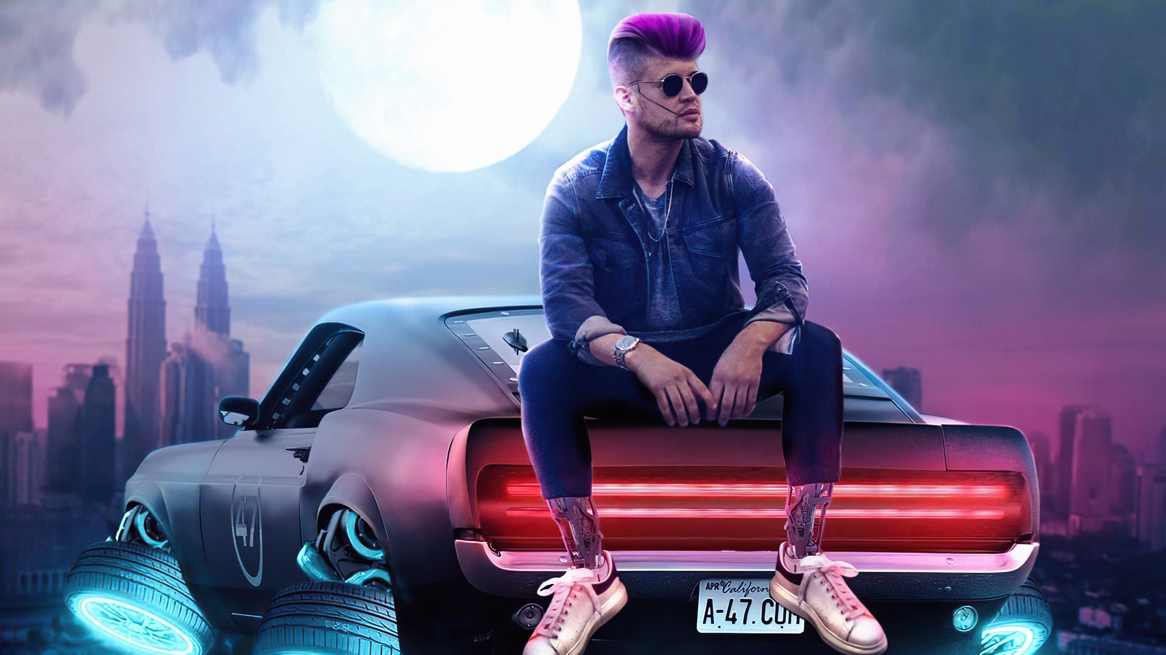 Man with purple hair sitting on a futuristic car HD Wallpaper