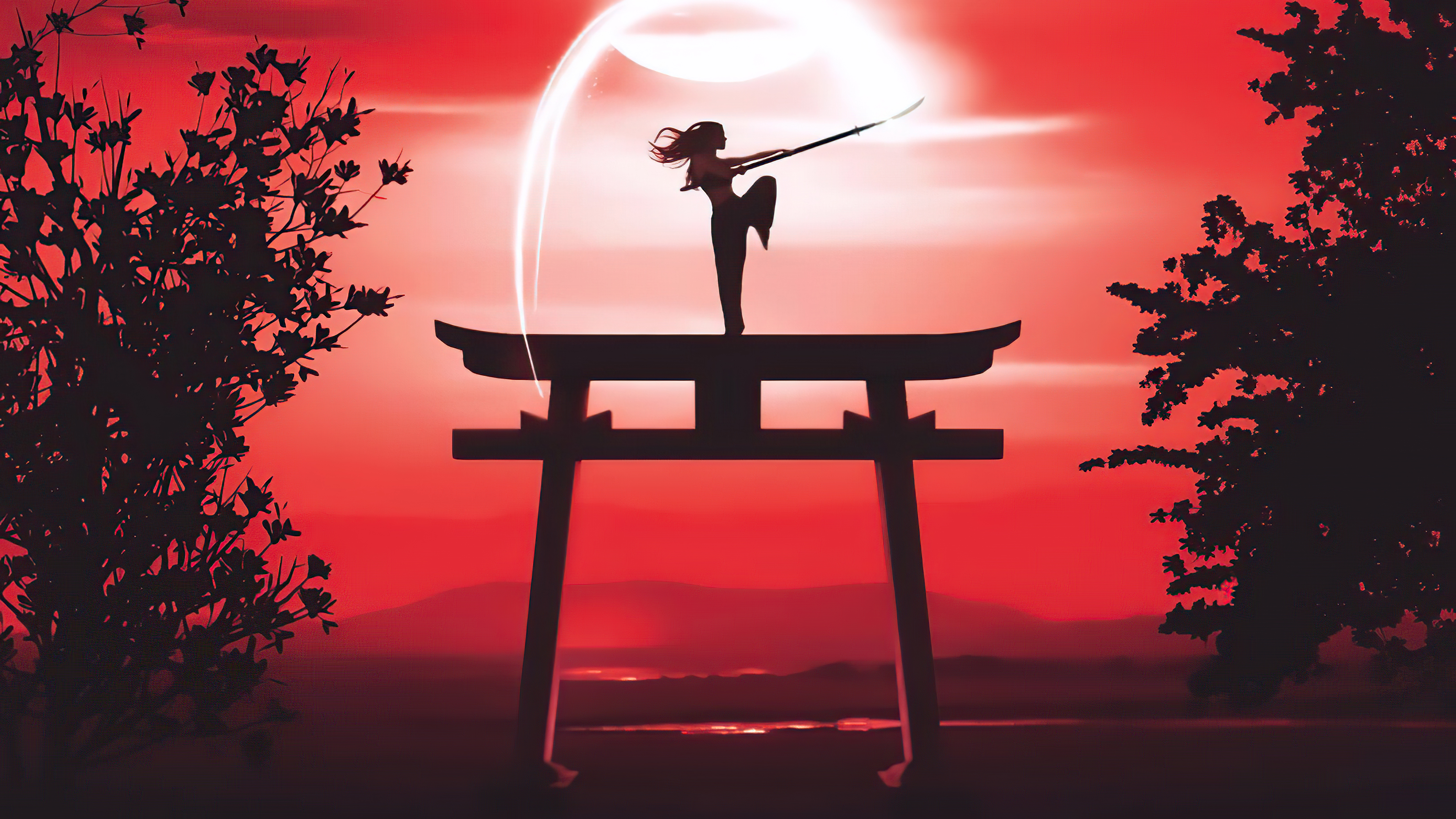 Silhouette of a warrior with a spear on a torii gate HD Wallpaper