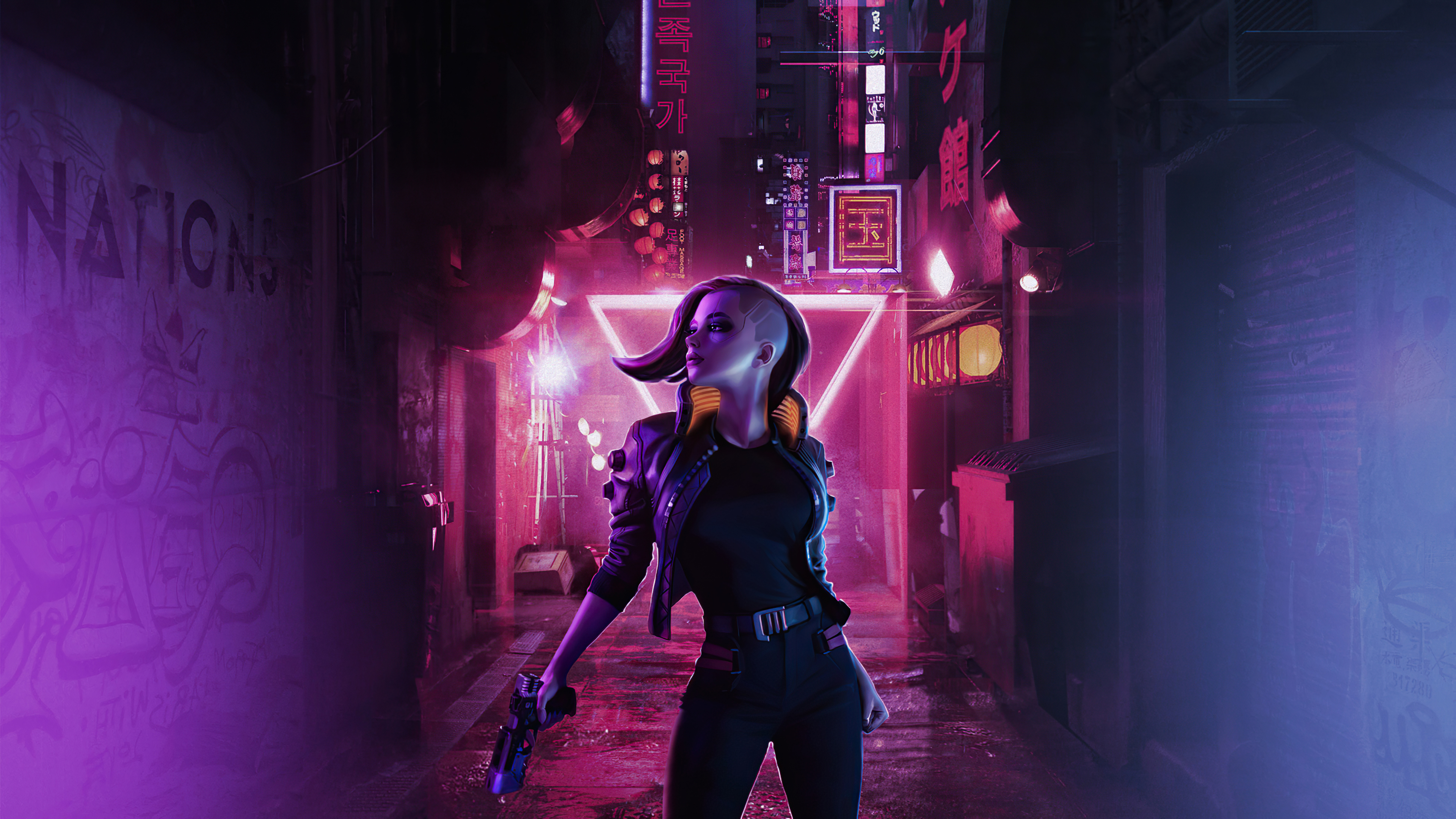 Cyberpunk woman with gun in neon alley HD Wallpaper