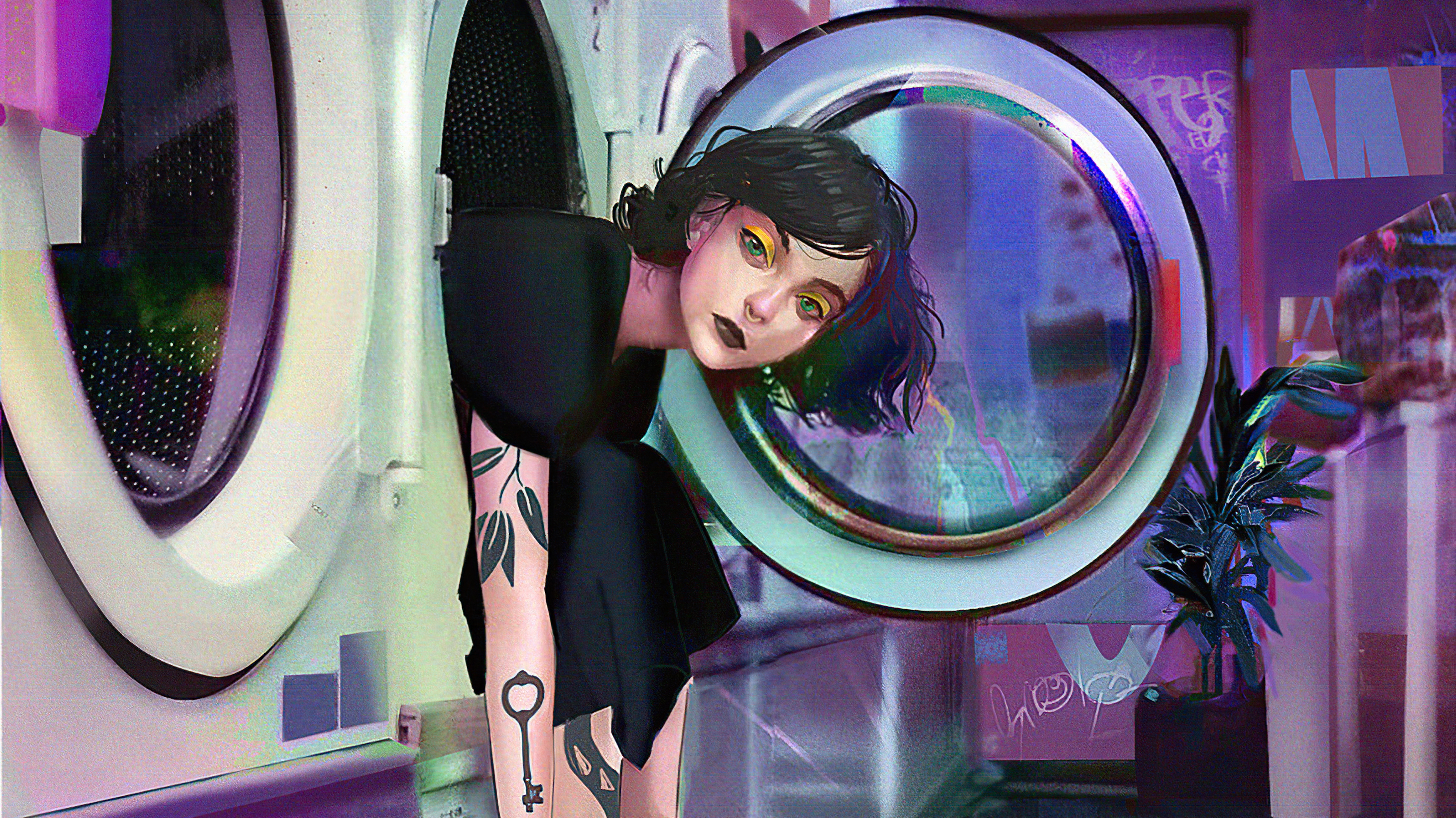 Woman emerging from a washing machine HD Wallpaper