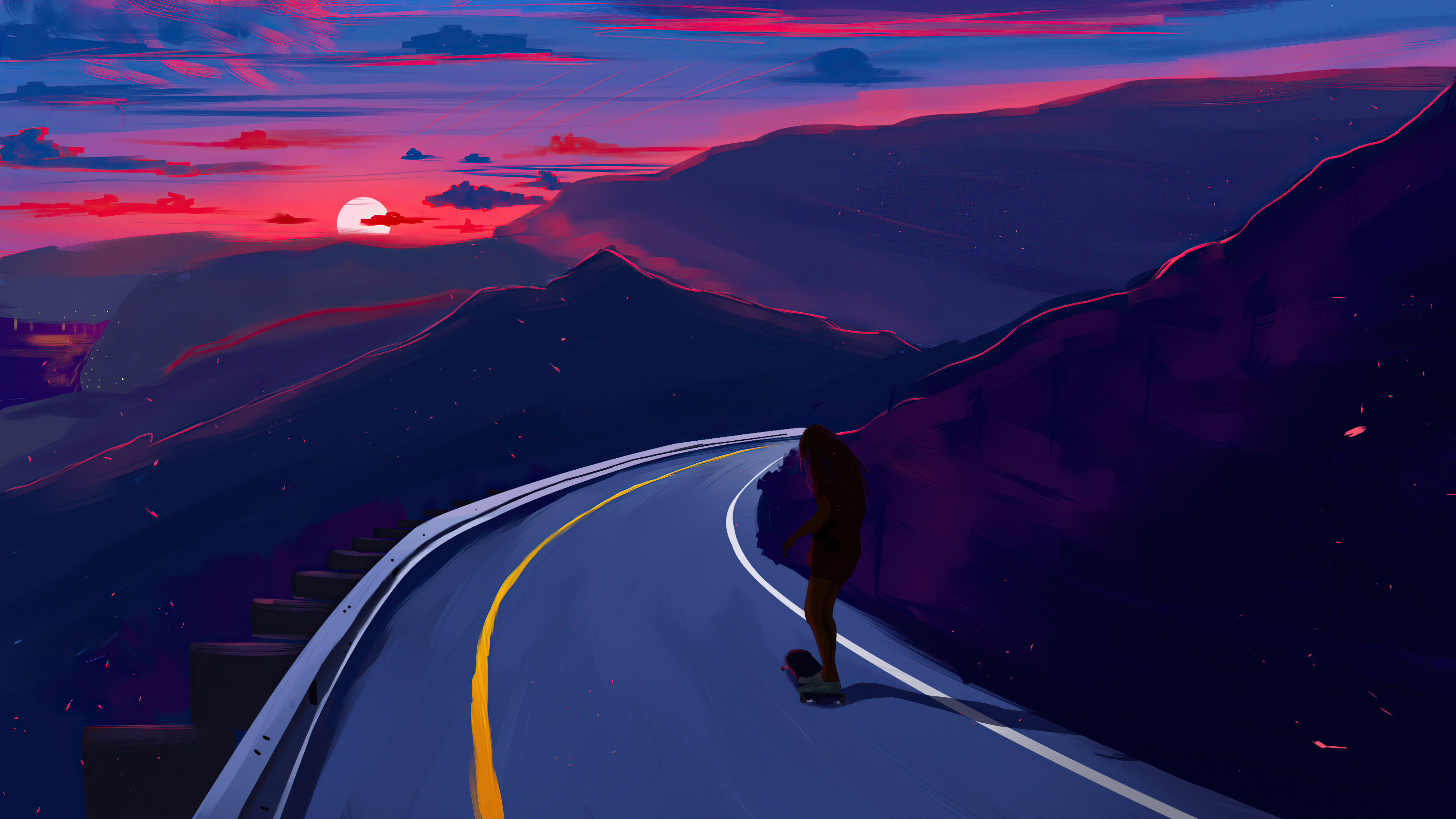 Skater on a mountain road at sunset HD Wallpaper