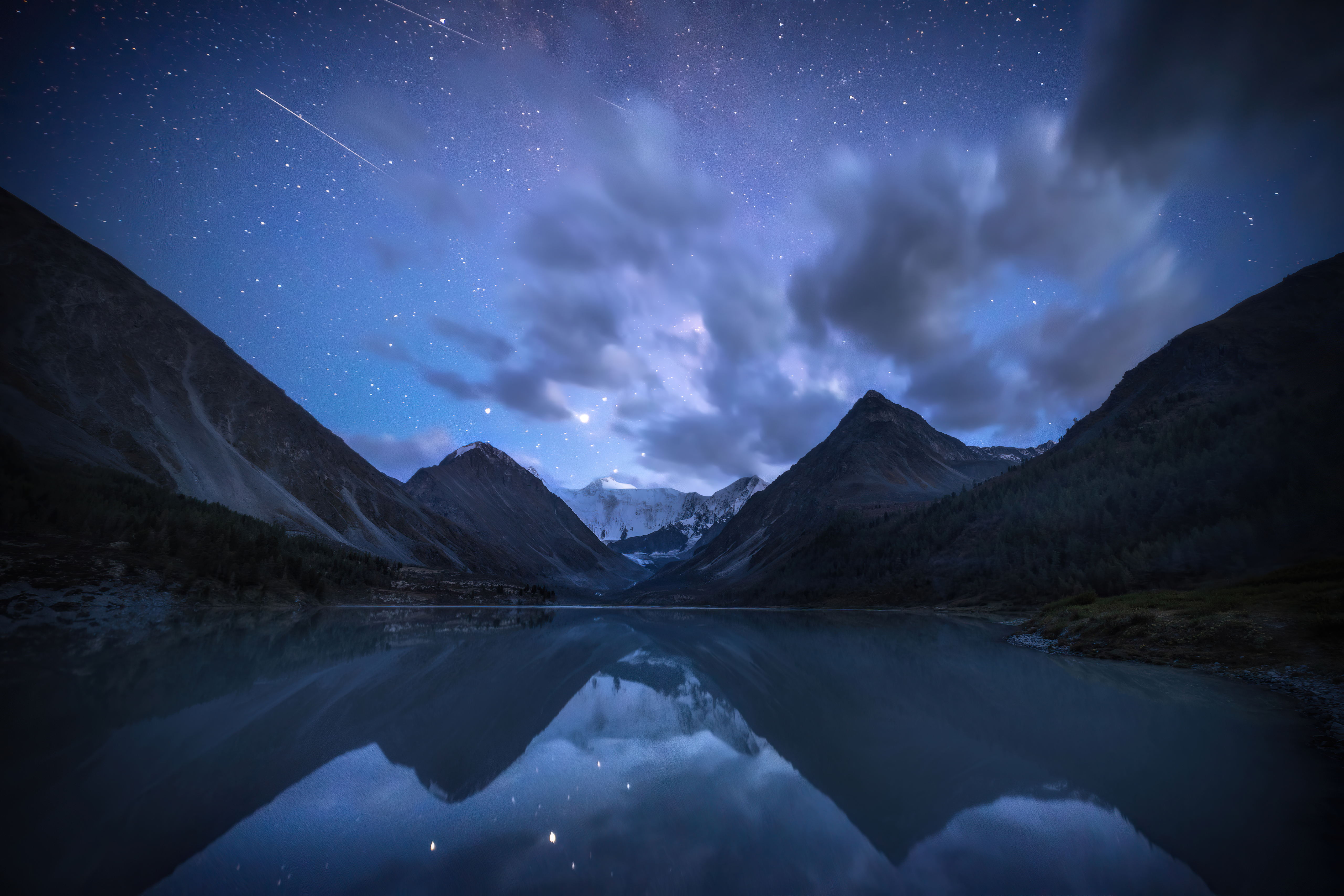 Mountains and lake under starry sky with milky way HD Wallpaper