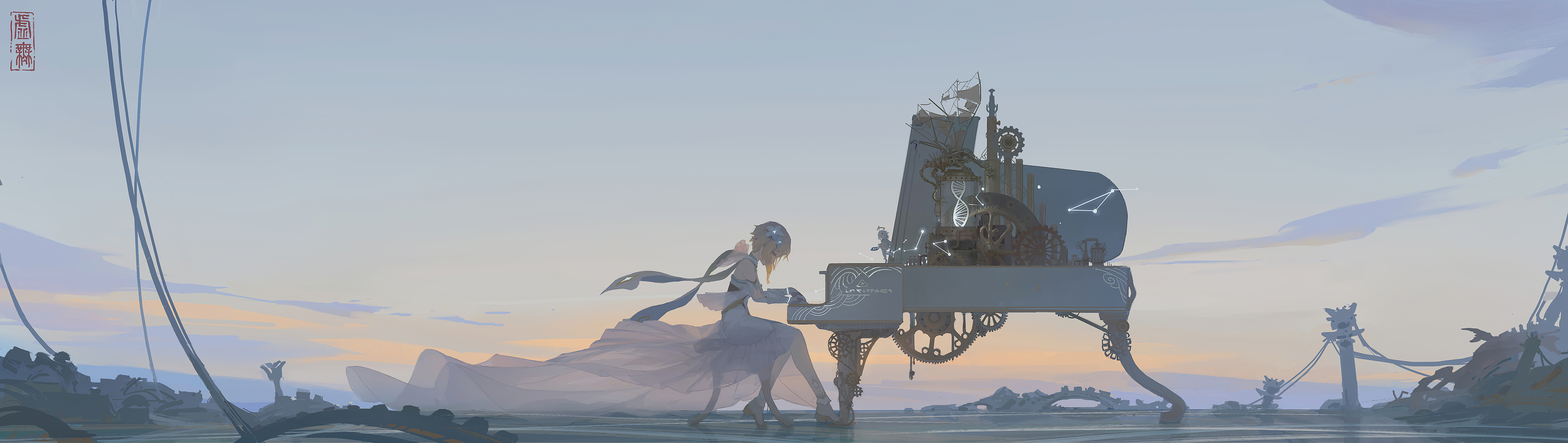 Girl playing a steampunk piano in Genshin Impact HD Wallpaper