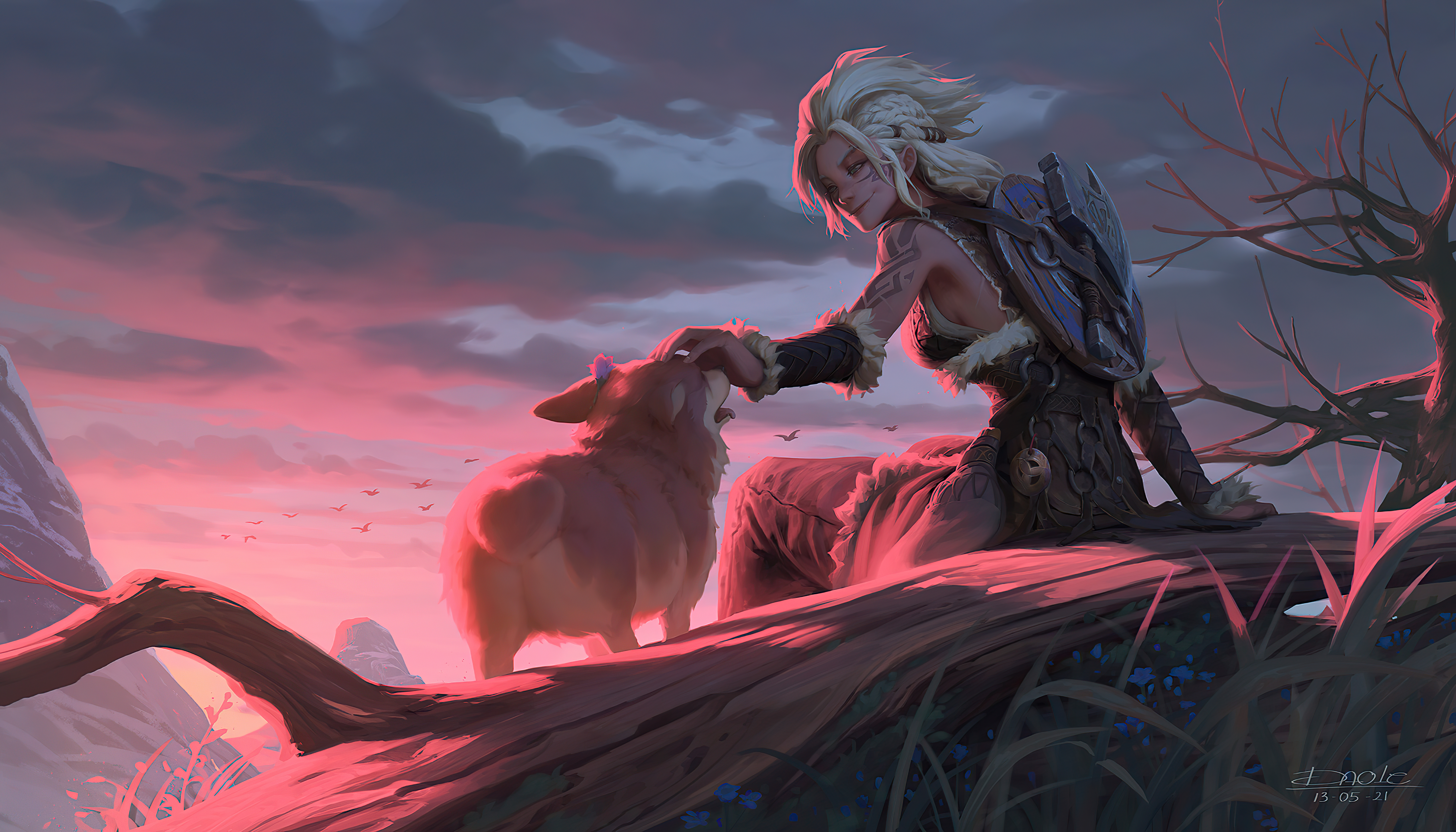 Woman petting a dog on a log at sunset HD Wallpaper