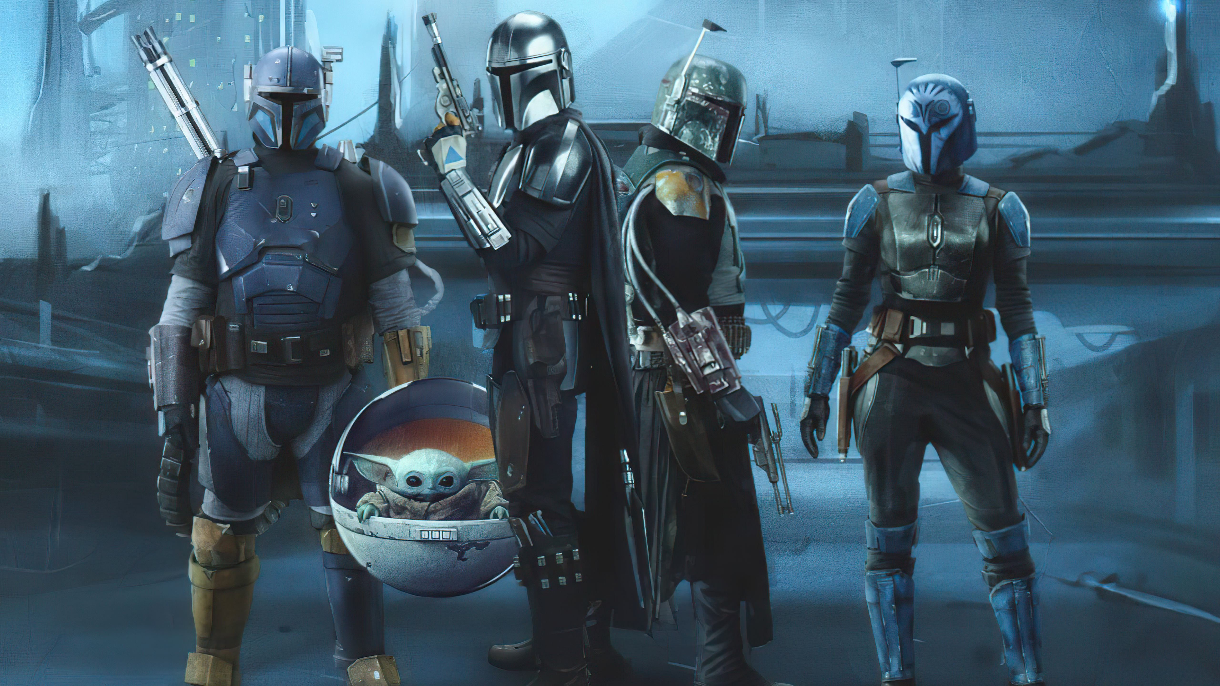 The Mandalorian and allies with Grogu HD Wallpaper