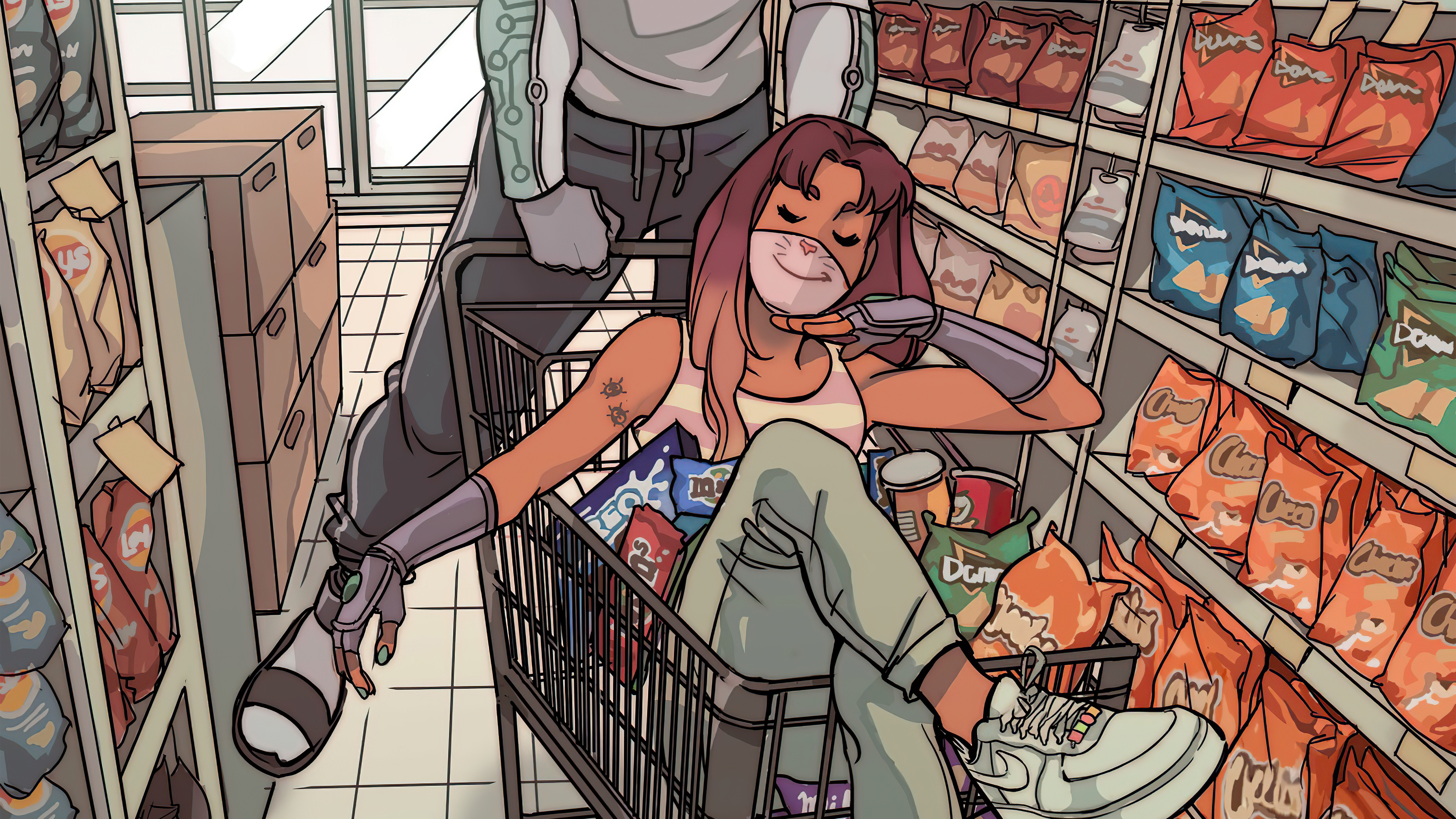 Artwork of a woman in a shopping cart HD Wallpaper