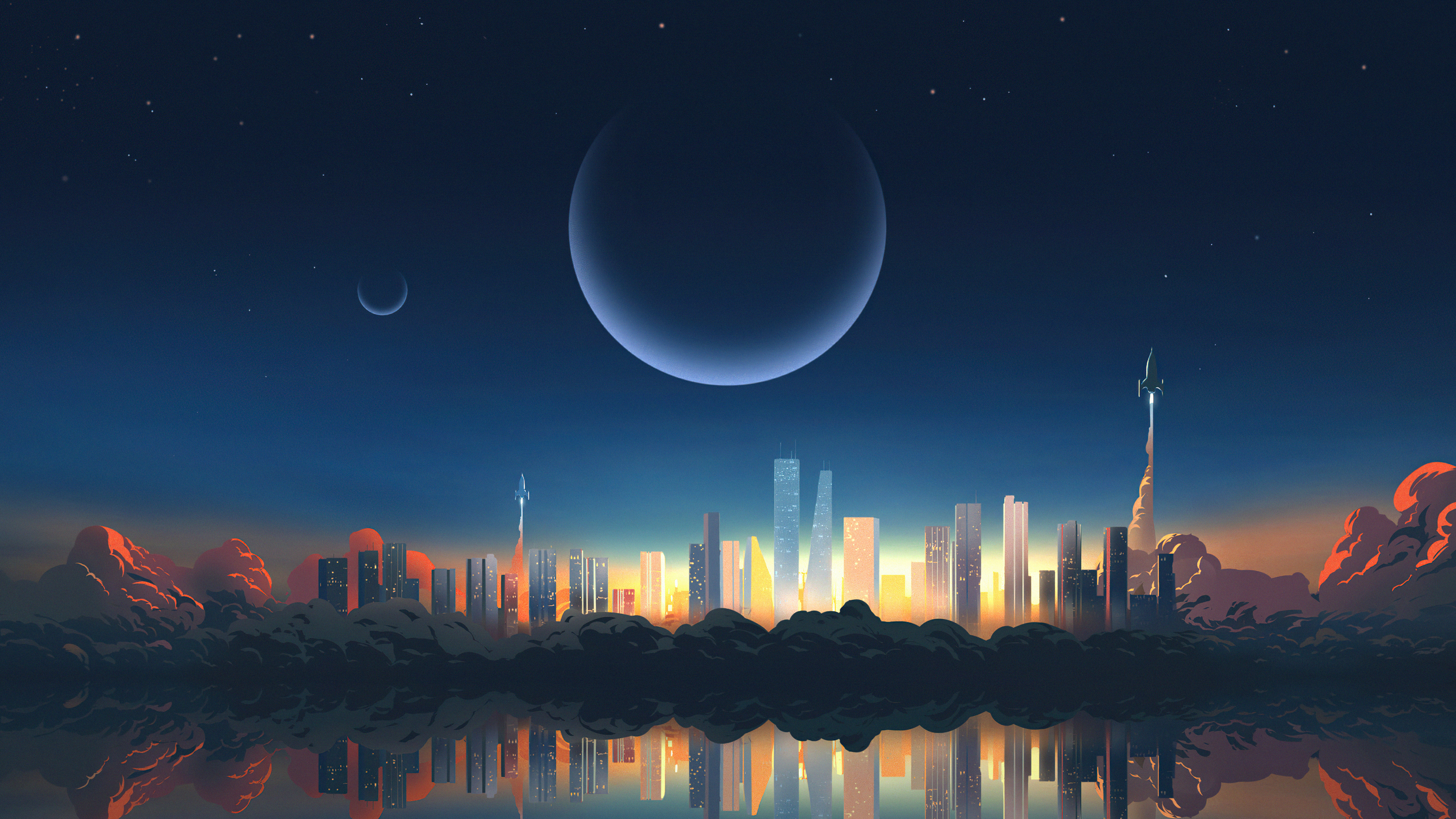 Digital Art Cityscape with Rockets and Planets HD Wallpaper